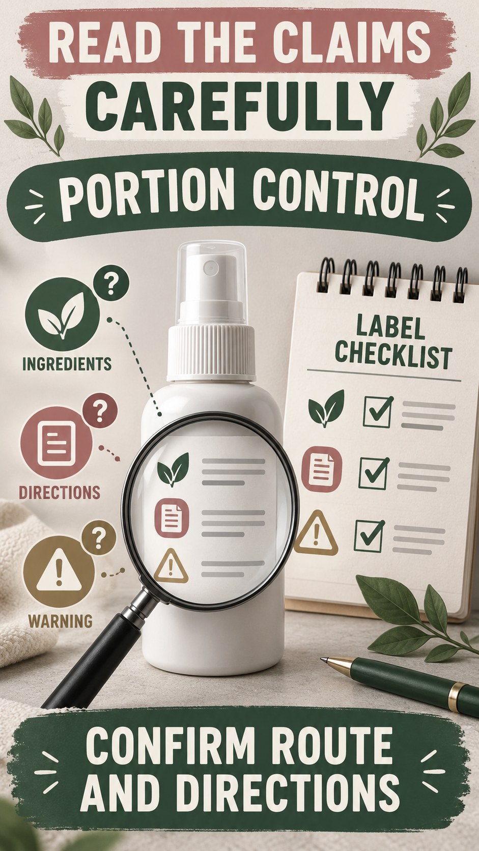 Directions and Route Review infographic for Portion Control, showing a generic spray-label checklist that separates available facts, missing details, and evidence questions.