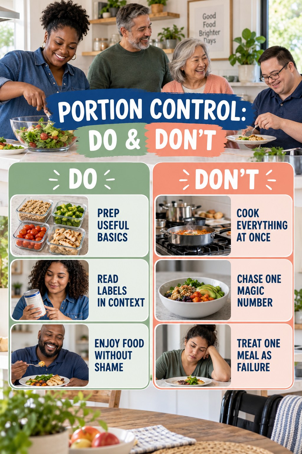 Portion Control Do and Don’t comparison graphic showing three practical behavior pairs for everyday meal habits.
