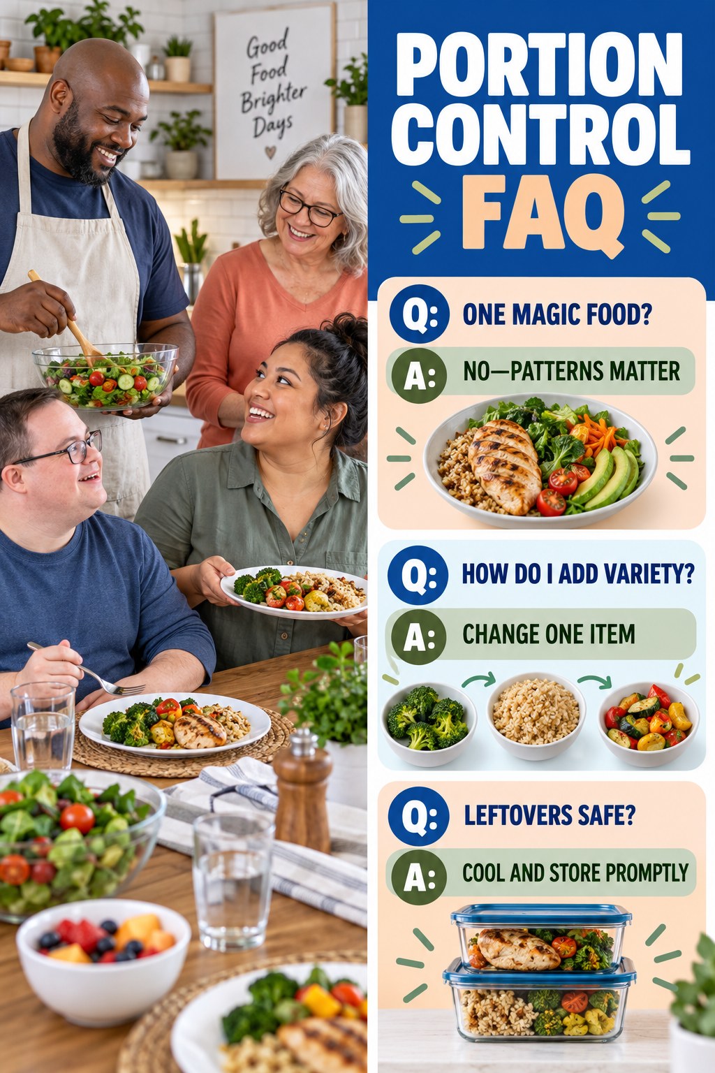 Portion Control FAQ graphic with three concise questions and practical answers for beginners.