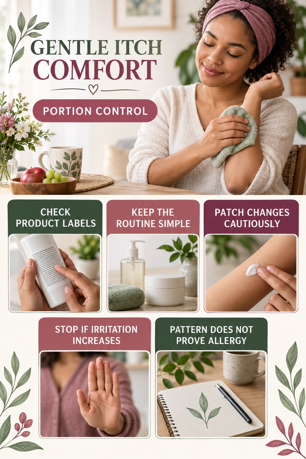 Fragrance-Free Awareness infographic for Portion Control with five gentle itchy-skin comfort strategies and a non-diagnostic safety focus.