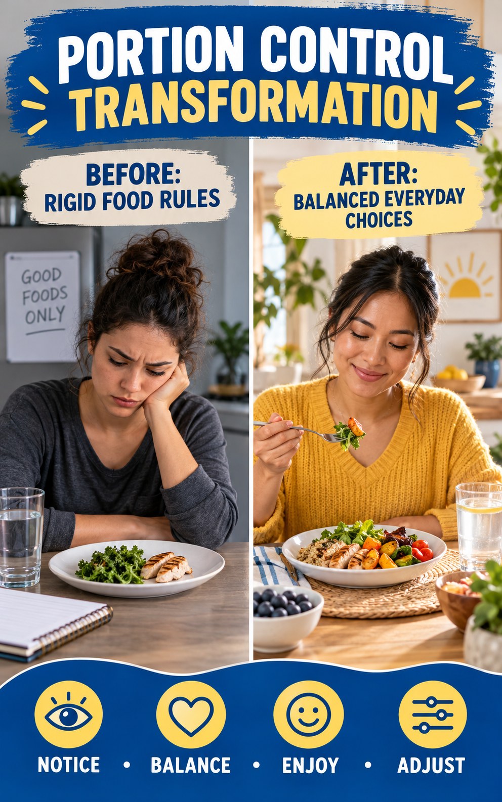 Portion Control habit transformation graphic comparing rigid food rules with balanced everyday choices using four practical steps.