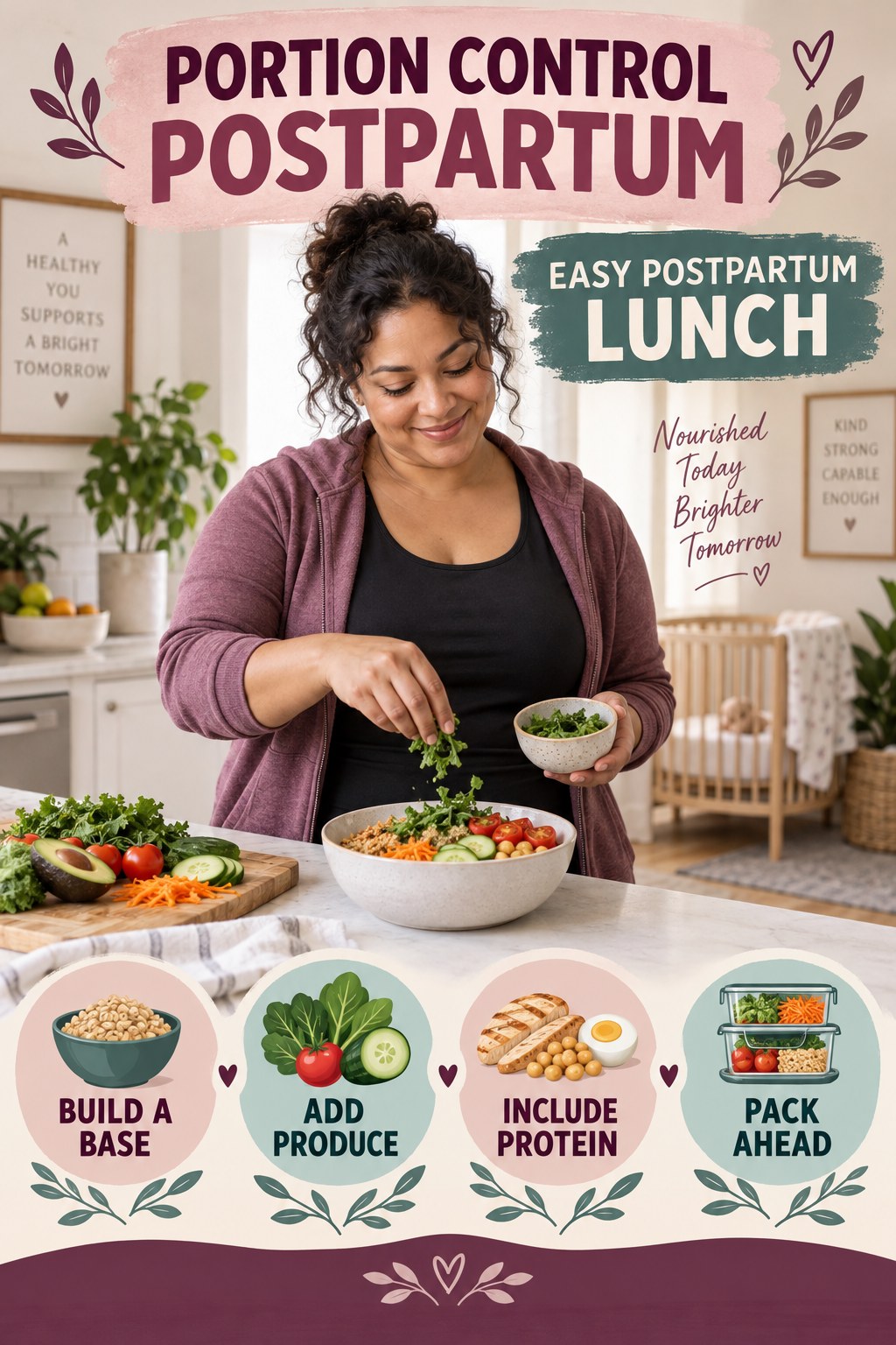Portion Control postpartum graphic titled Easy Postpartum Lunch with four gradual recovery-aware prompts.
