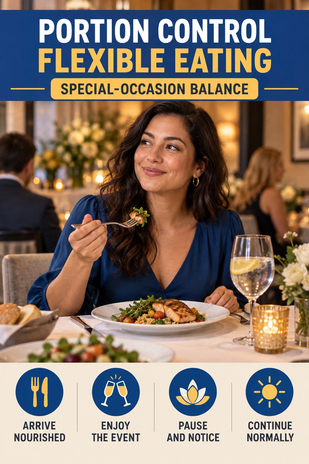 Portion Control flexible eating graphic titled Special-Occasion Balance with four practical balance prompts.