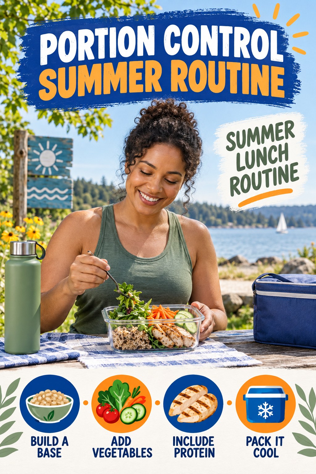 Portion Control summer routine graphic titled Summer Lunch Routine with four practical wellness prompts.