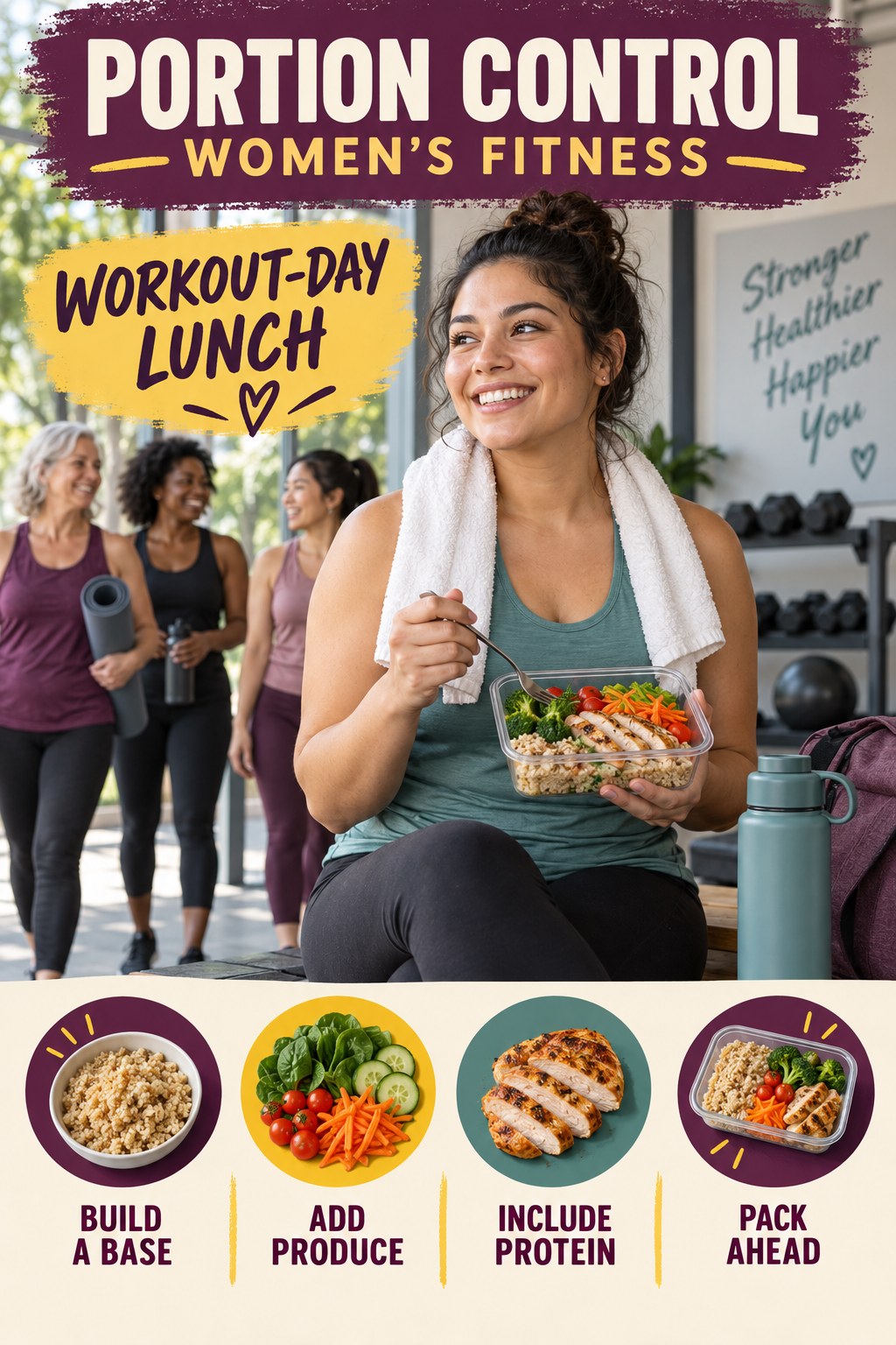 Portion Control women’s fitness graphic titled Workout-Day Lunch with four practical training prompts.