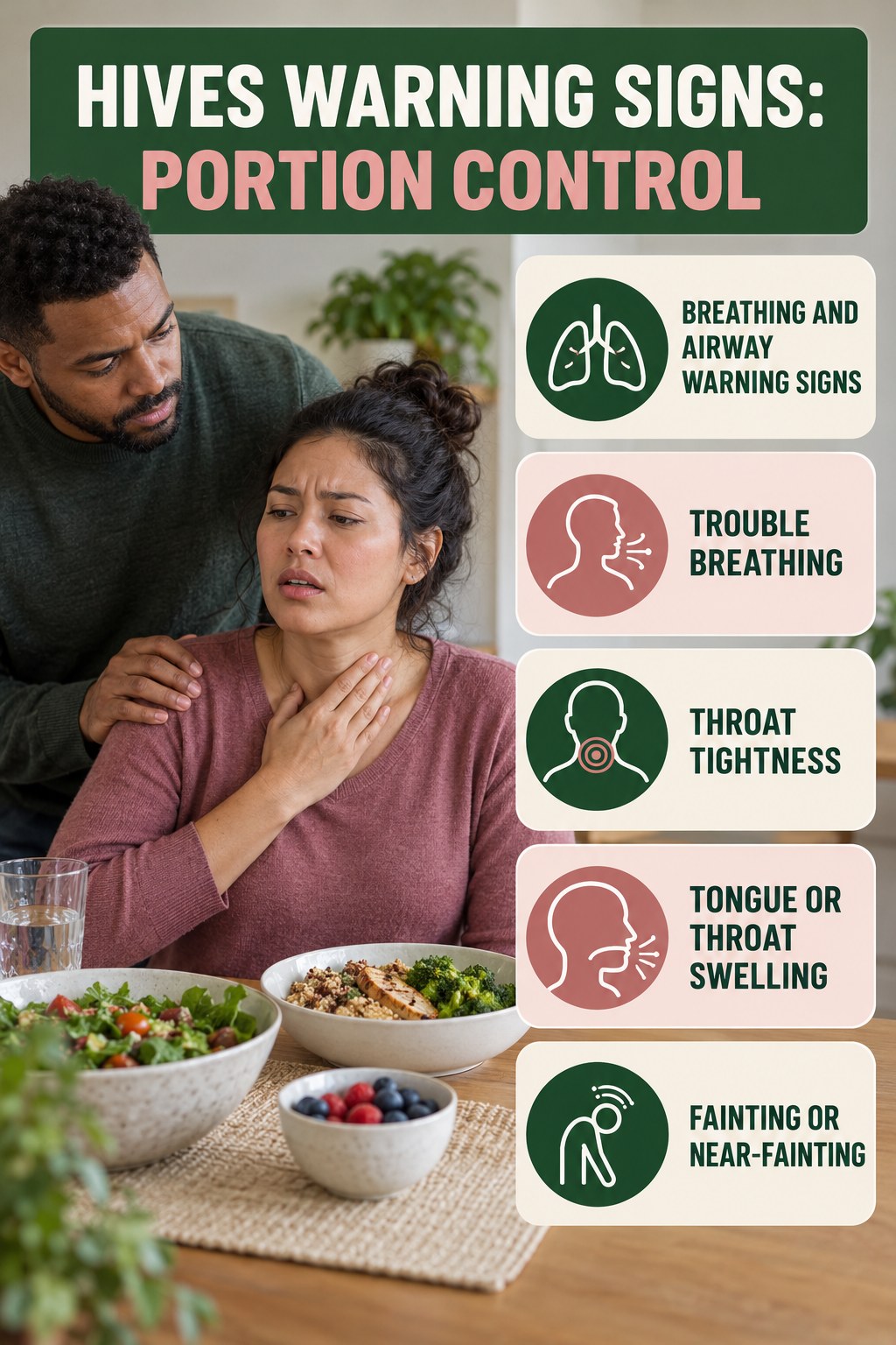 Breathing and Airway Warning Signs infographic for Portion Control, highlighting urgent breathing, throat, swelling, fainting, and rapid-progression warning signs without diagnosing hives.