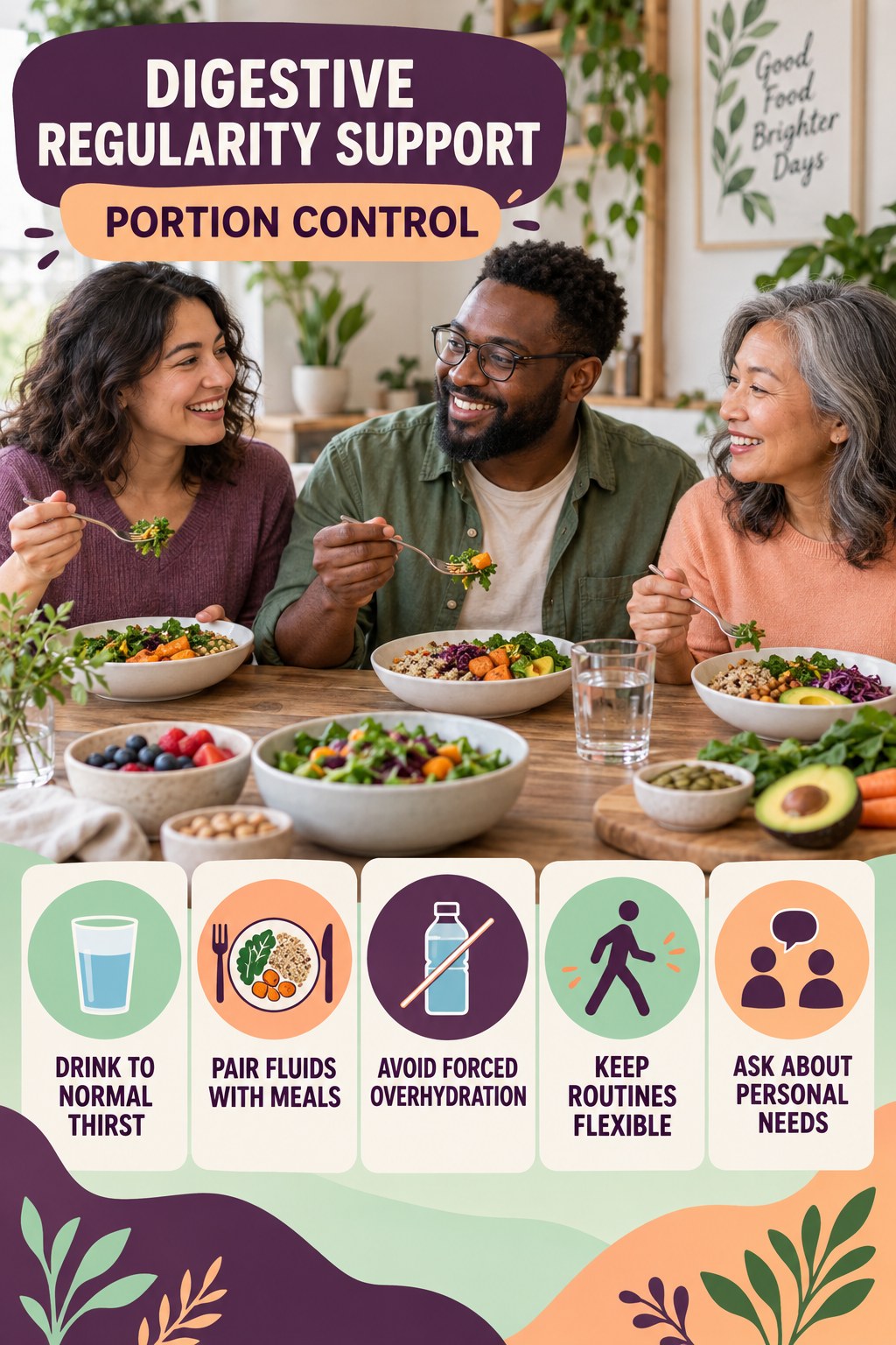 Hydration and Routine Support infographic for Portion Control with five practical food, hydration, movement, or routine actions and no cleanse claims.