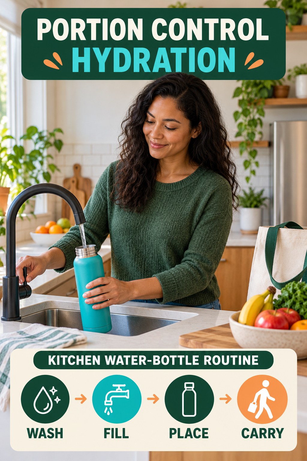 Portion Control hydration graphic titled Kitchen Water-Bottle Routine with four flexible water-habit prompts and no fixed intake target.