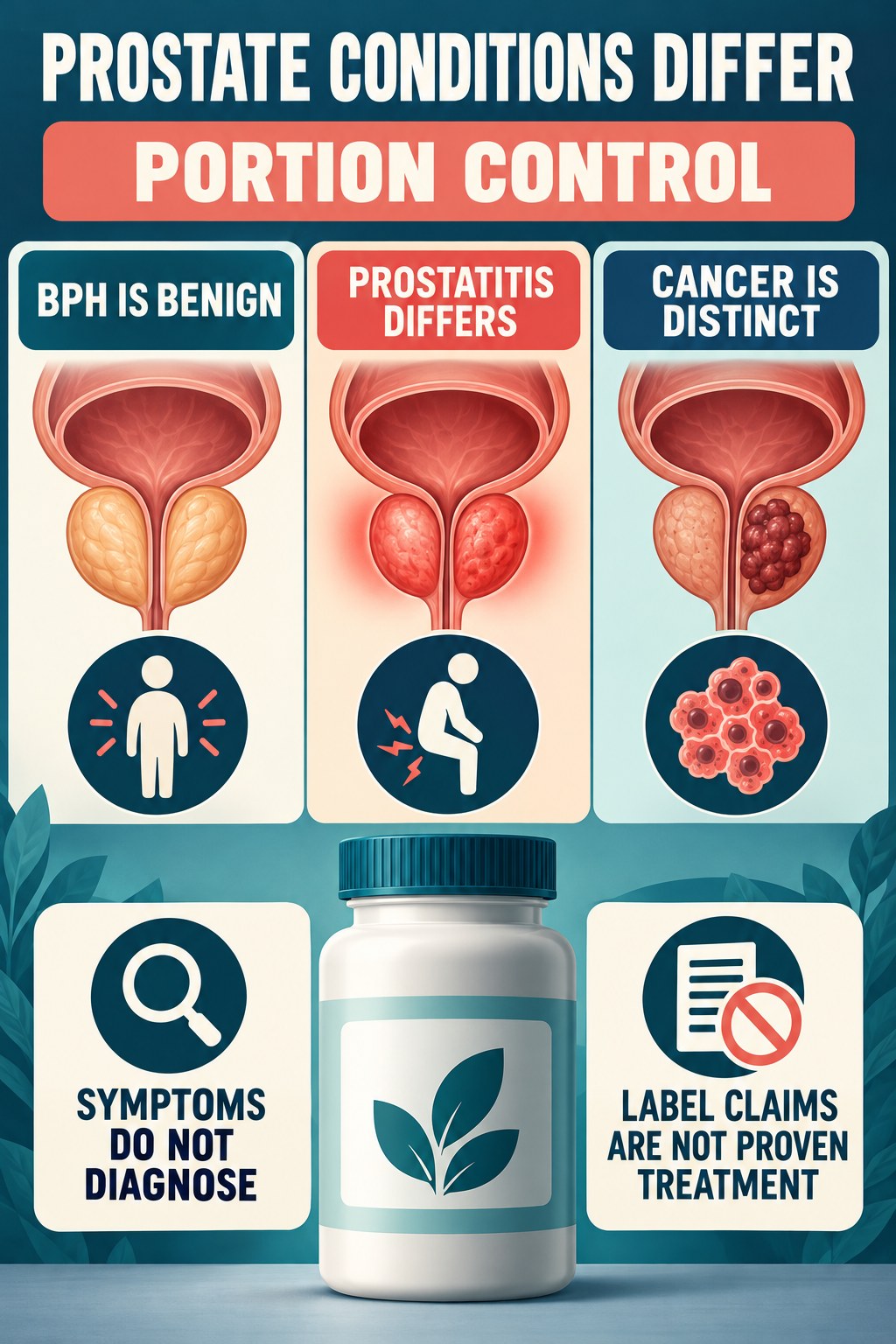 Keep BPH, Prostatitis, and Cancer Distinct prostate supplement label-literacy infographic for Portion Control with four careful reading points.