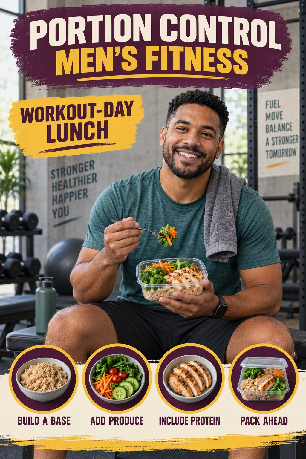 Portion Control men’s fitness graphic titled Workout-Day Lunch with four practical training prompts.