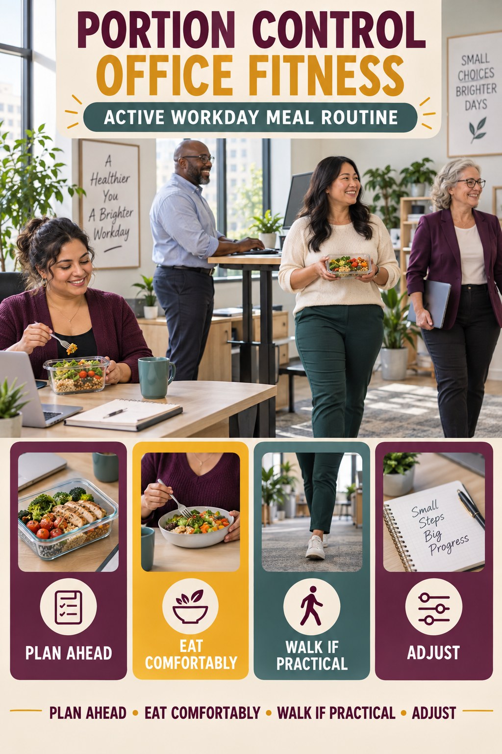 Portion Control office-fitness graphic titled Active Workday Meal Routine with four practical workday movement prompts.