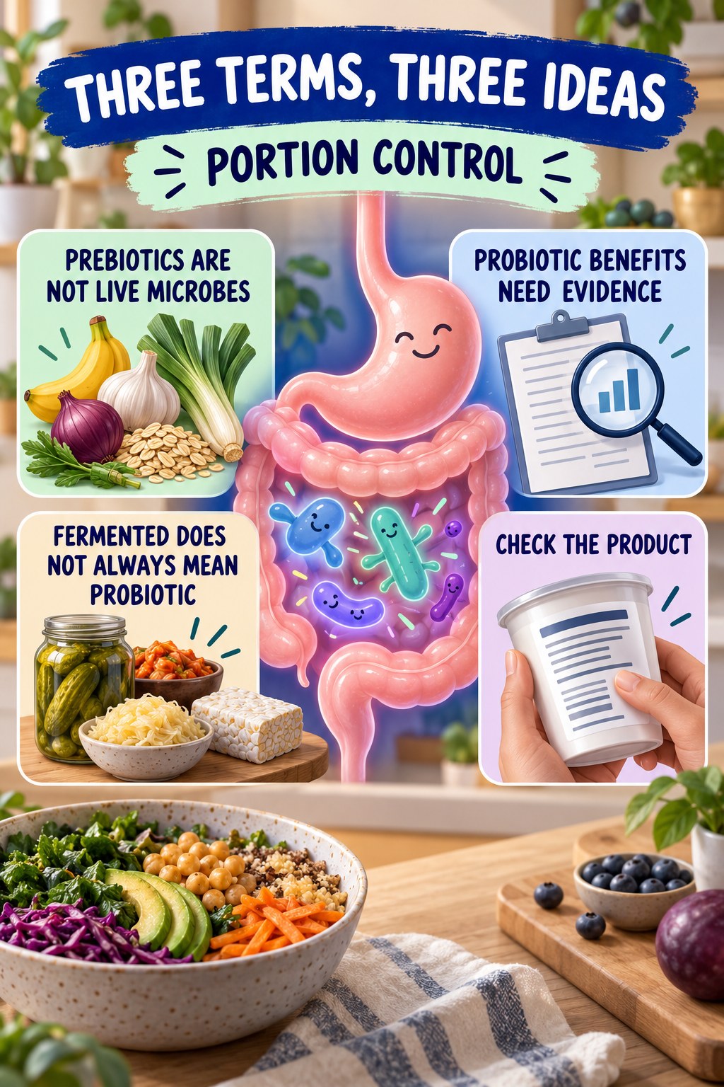 Prebiotics, Probiotics, and Fermented Foods educational infographic for Portion Control with four evidence-aware points.