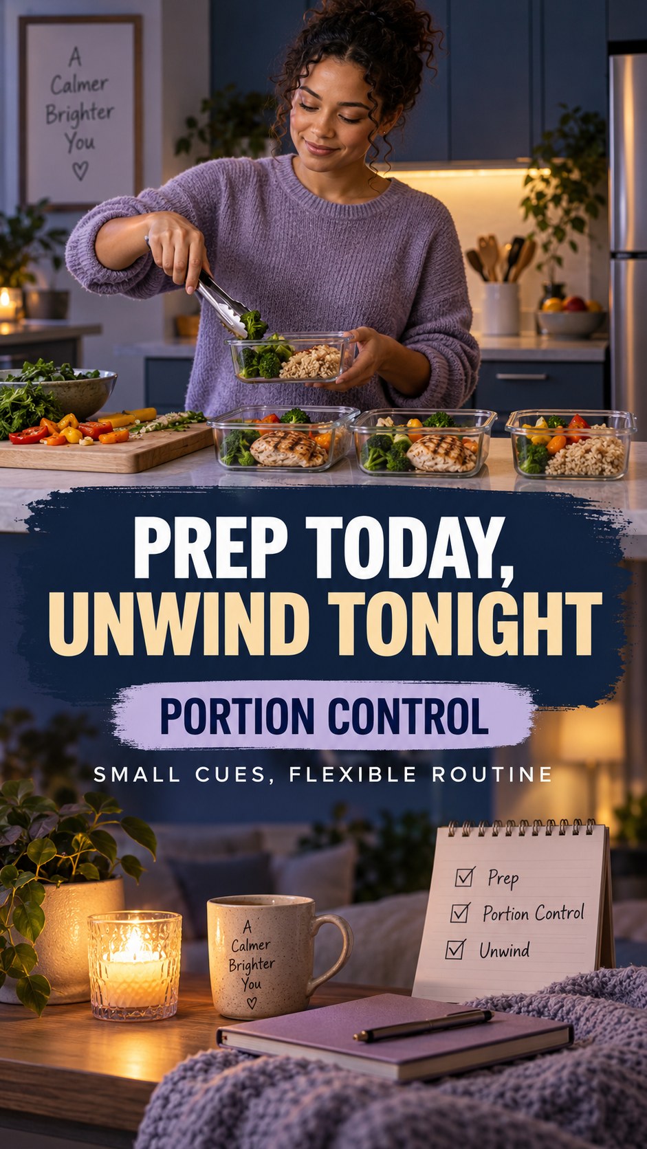 Meal Prep and Sleep Routine infographic for Portion Control, showing a flexible and calming evening wellness routine.
