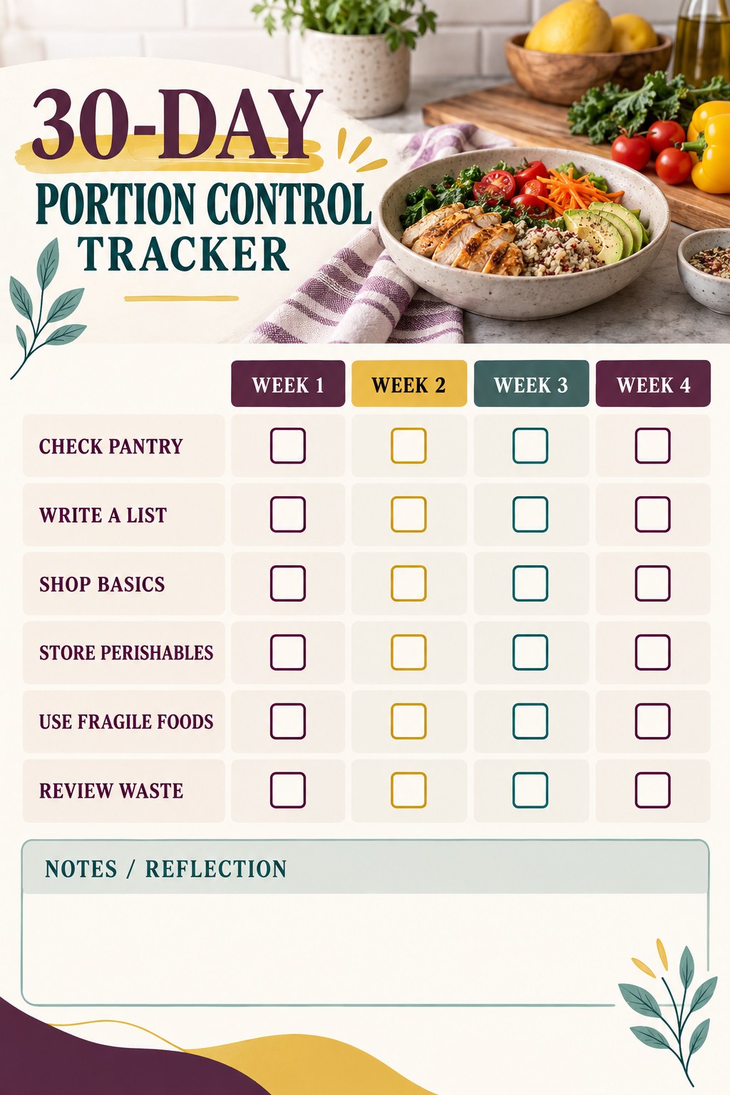30-Day Portion Control printable-style tracker graphic with six labeled rows, empty checkboxes, and a reflection area.