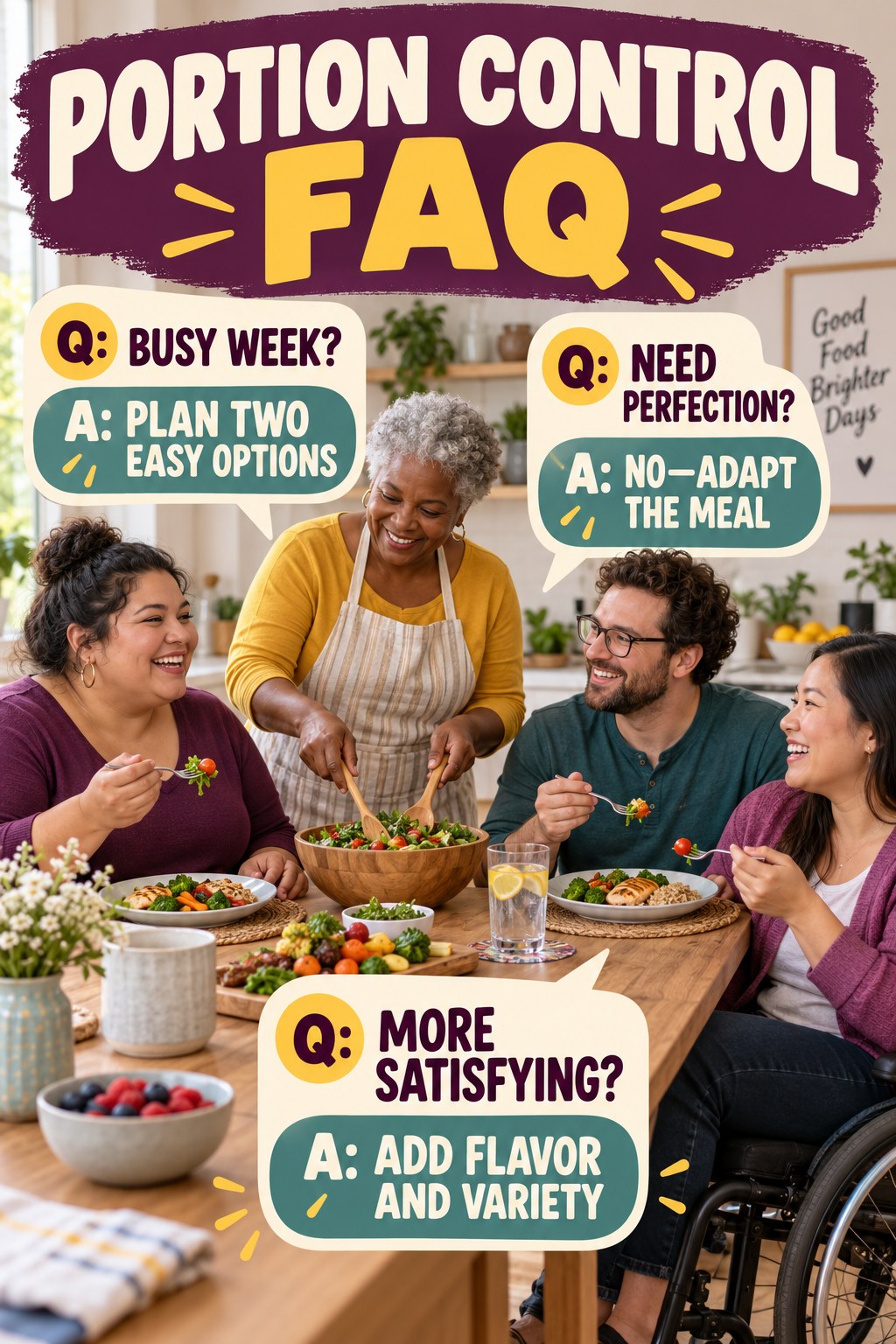 Portion Control FAQ graphic with three concise questions and practical answers for beginners.