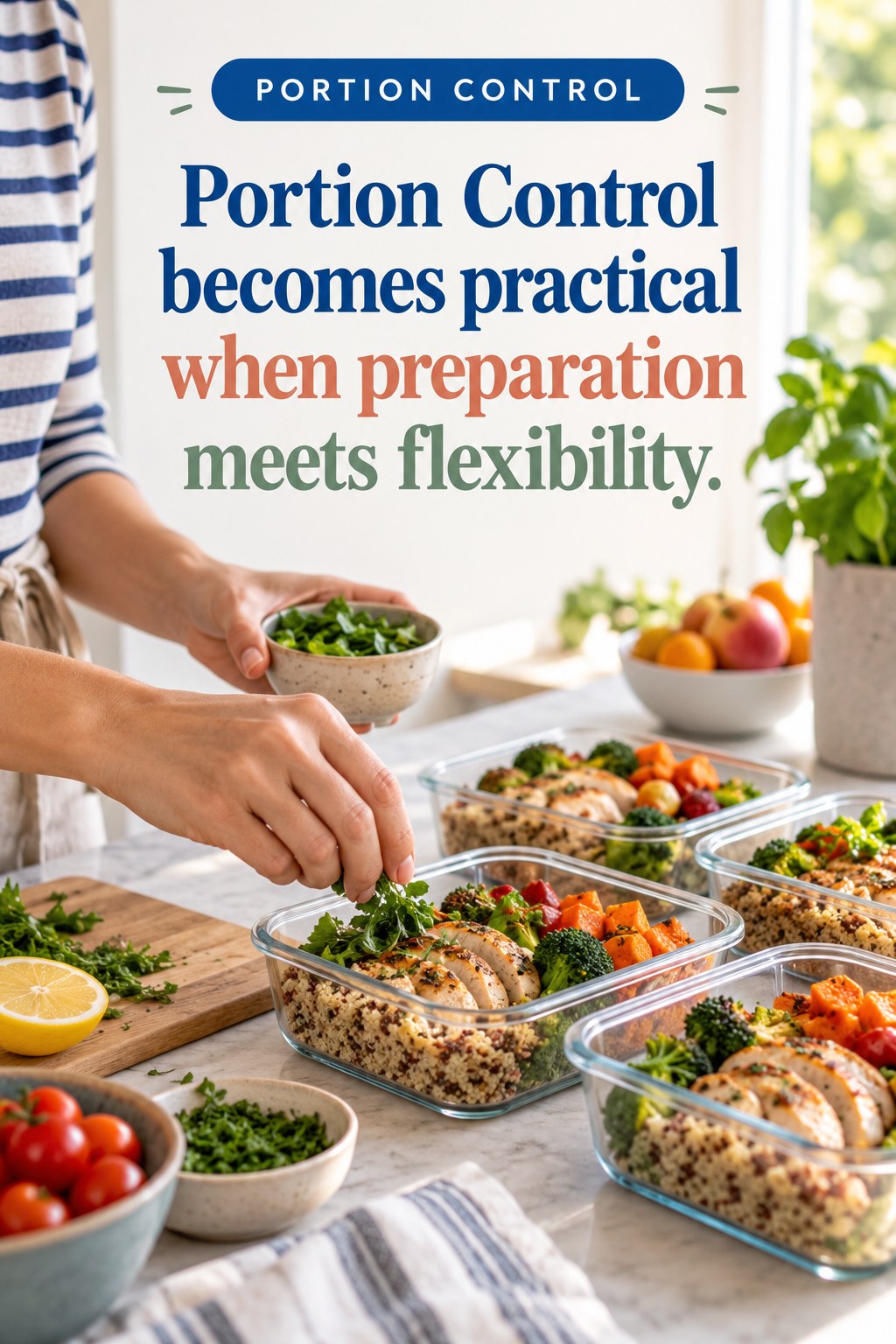 Original Portion Control quote graphic reading “Portion Control becomes practical when preparation meets flexibility.” in a board-relevant editorial design.