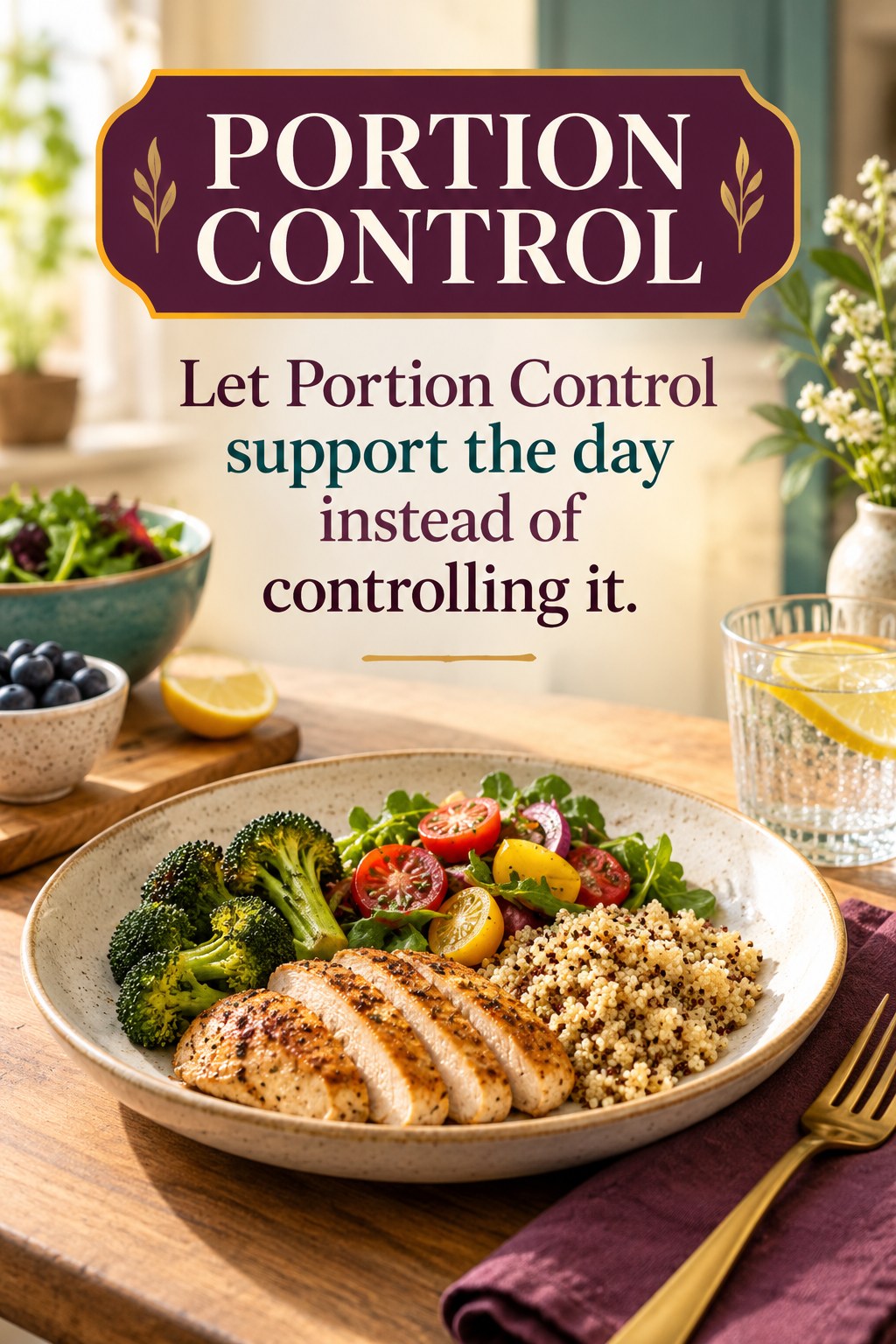 Original Portion Control quote graphic reading “Let Portion Control support the day instead of controlling it.” in a board-relevant editorial design.