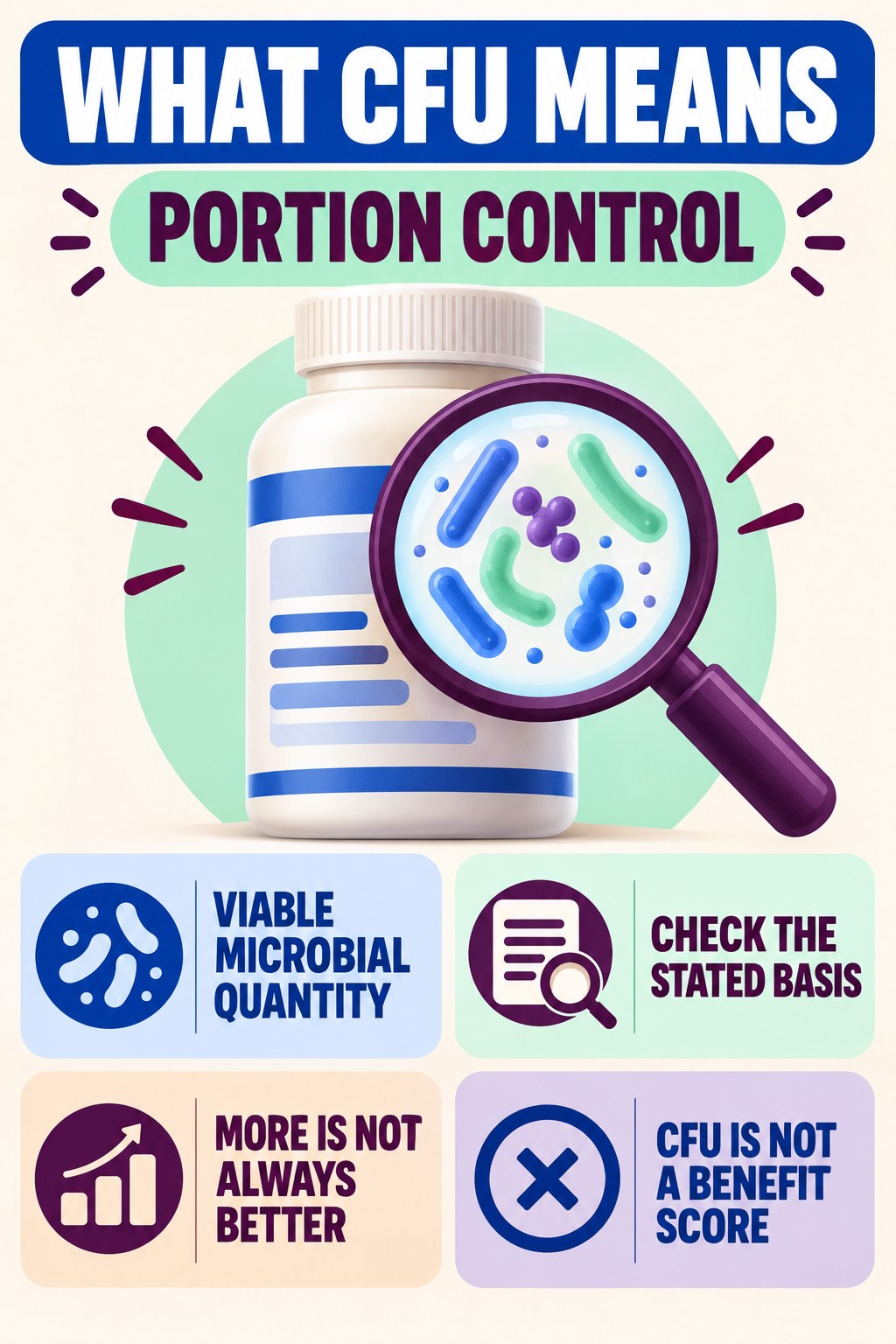 Read CFU as a Quantity, Not a Quality Score infographic for Portion Control with four concise probiotic-label reading points.