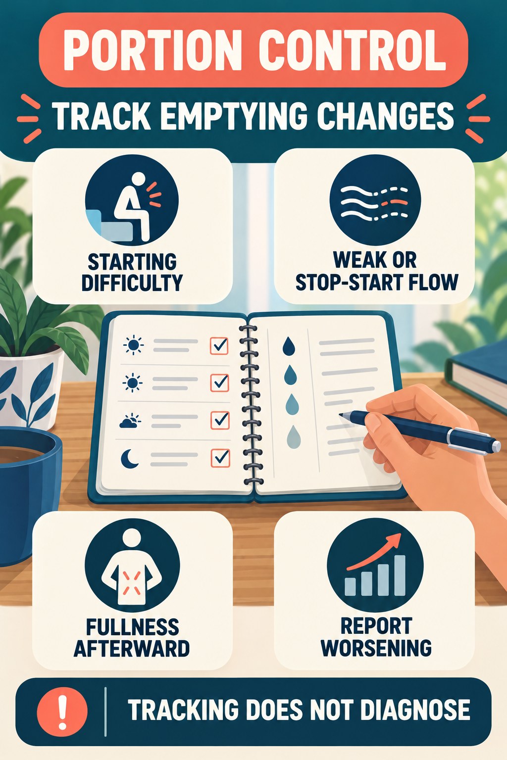 Record Stream and Emptying Changes urinary symptom tracking infographic for Portion Control with four practical diary points and a non-diagnostic reminder.