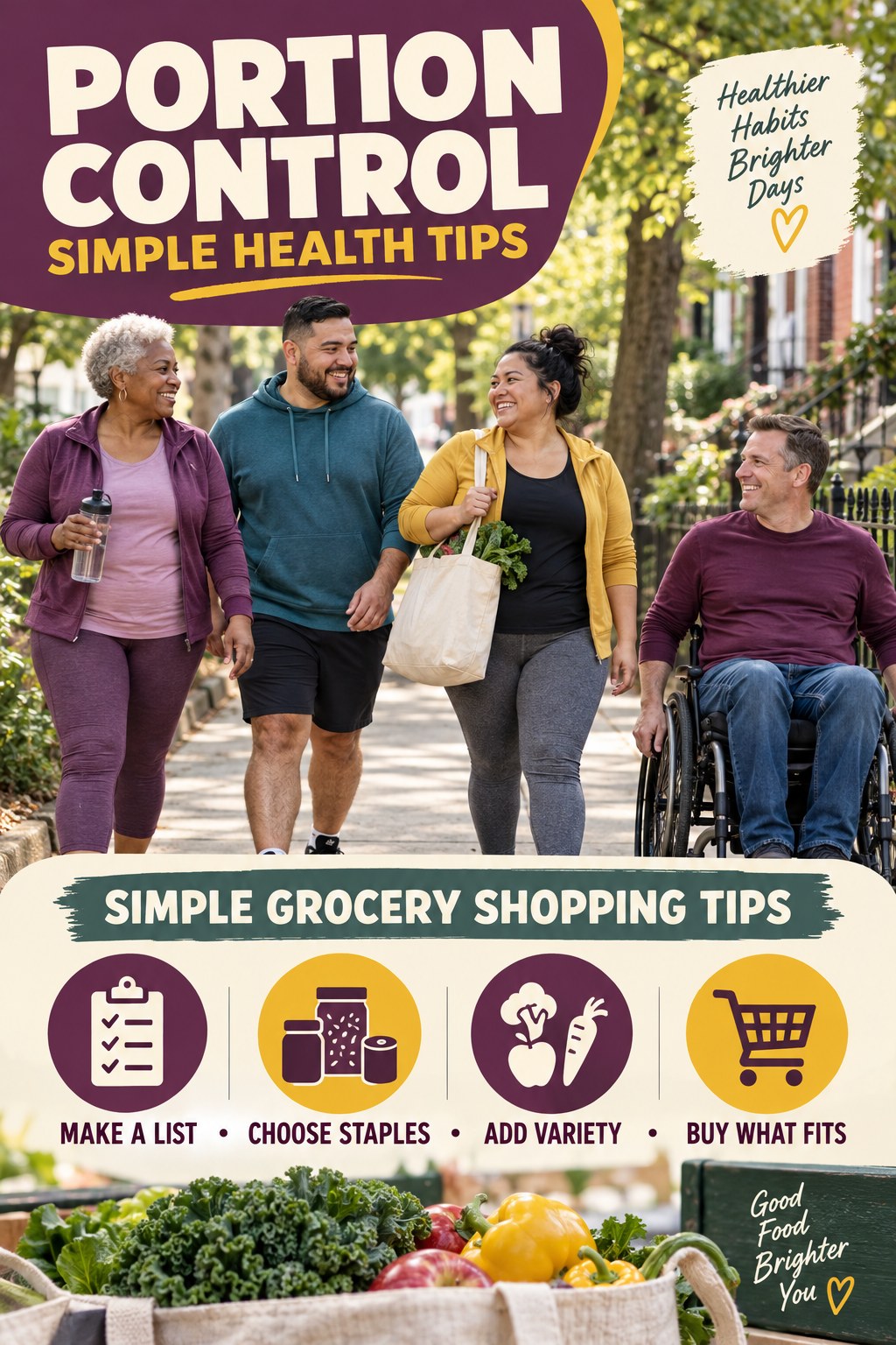 Portion Control simple-health graphic titled Simple Grocery Shopping Tips with four practical wellness prompts.