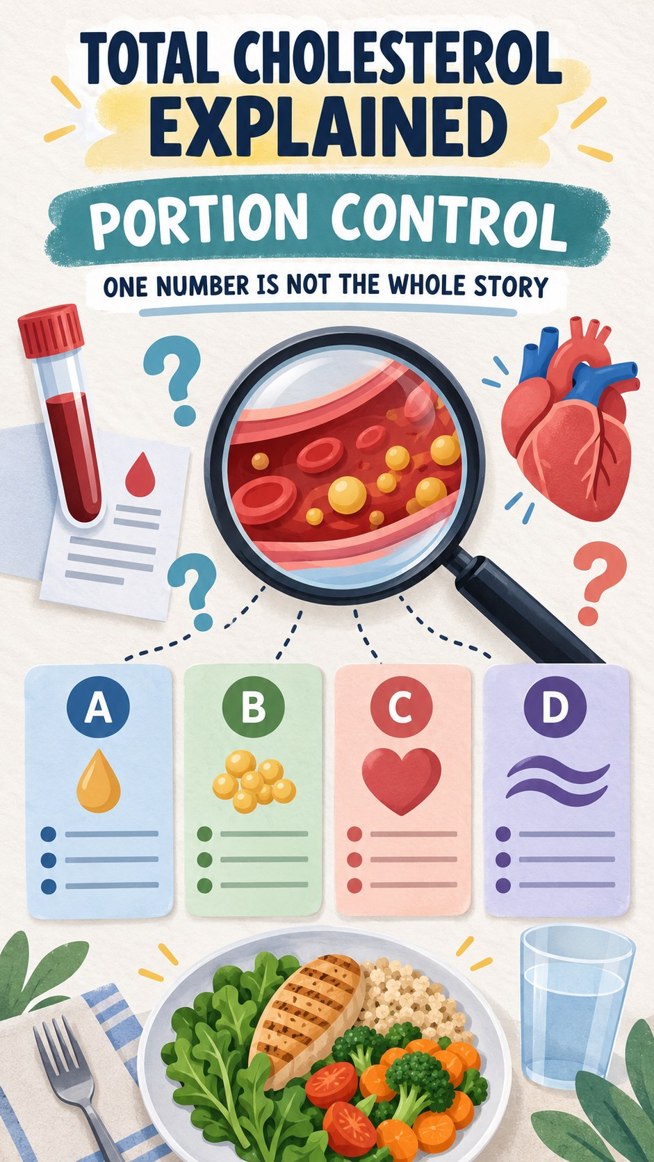 Total Cholesterol Interpretation Guide infographic for Portion Control, using a non-numerical educational lipid-panel layout with question and context icons.