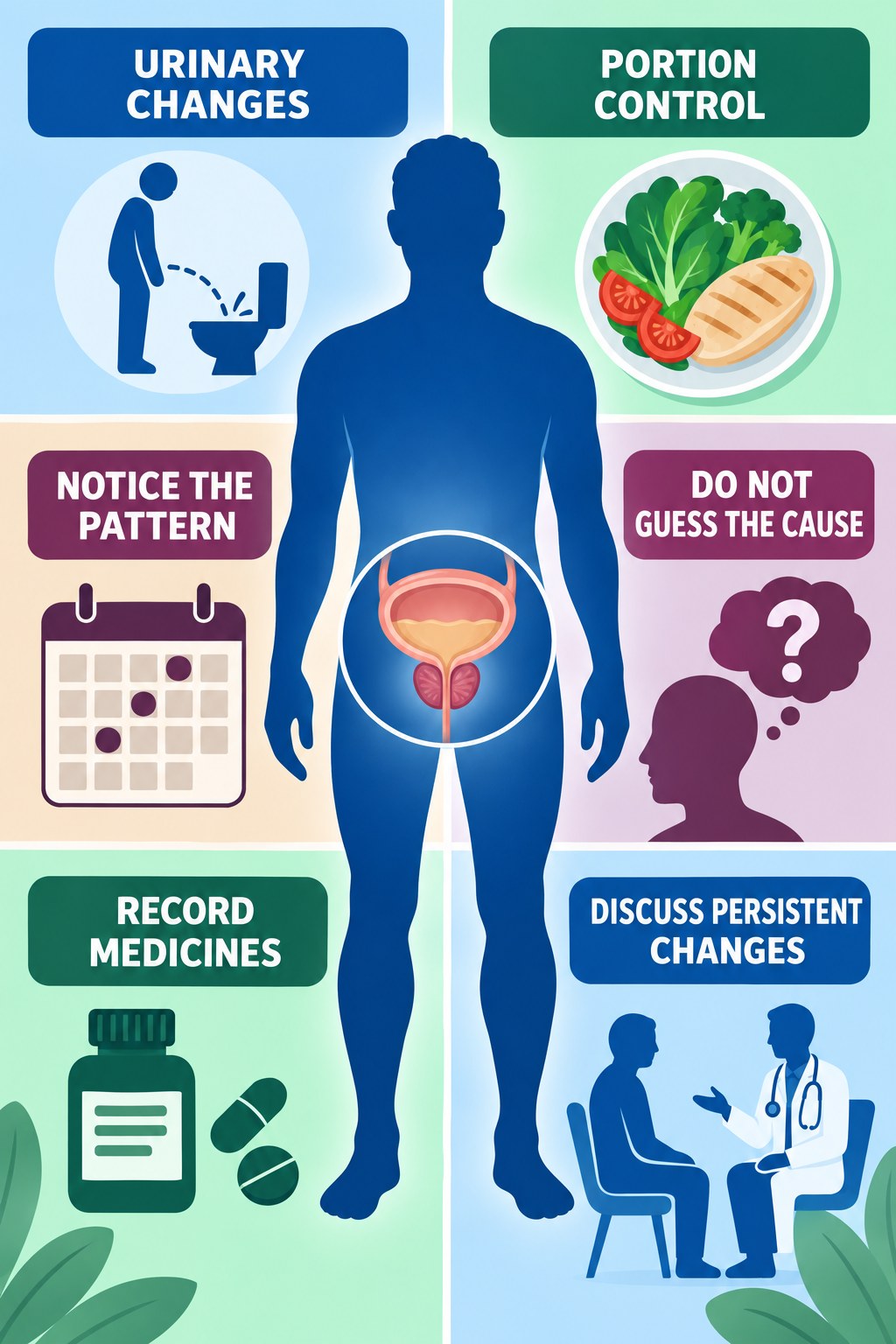 Urinary Changes Start a Conversation, Not a Diagnosis infographic for Portion Control with four concise prostate-health awareness points.