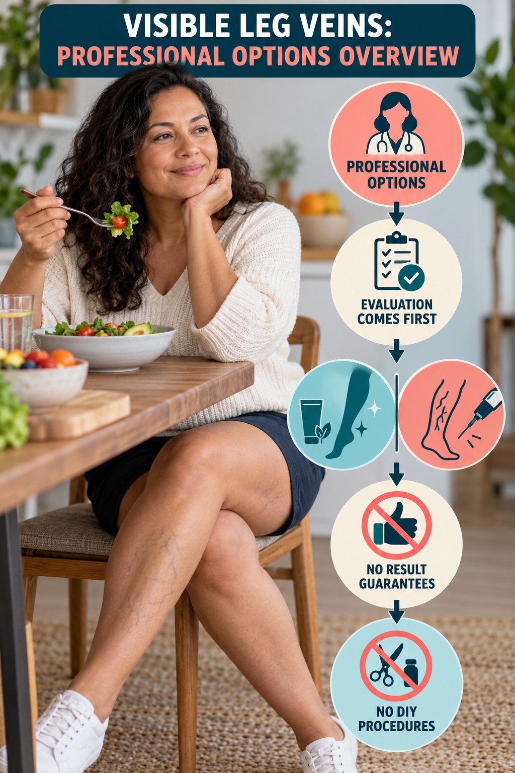 Professional Options Overview infographic for Portion Control, showing body-neutral visible-leg-vein appearance care and the boundary between temporary cosmetic support and treatment.