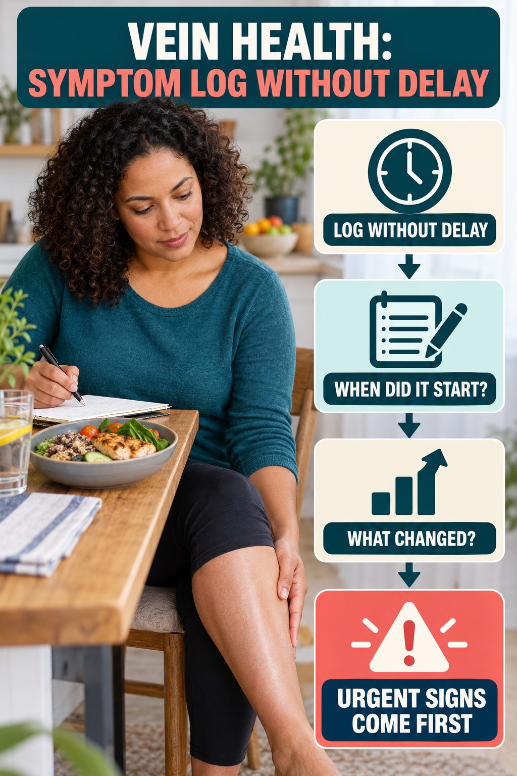 Symptom Log Without Delay infographic for Portion Control, explaining vein-health warning signs and the appropriate next action without diagnosing a condition.