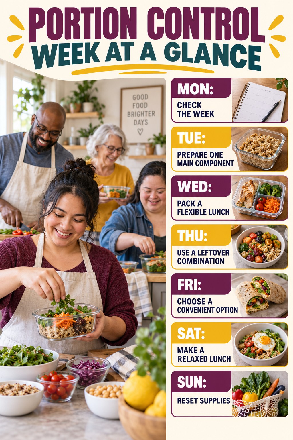 Weekly Portion Control plan graphic with concise Monday-to-Sunday actions and flexible recovery guidance.