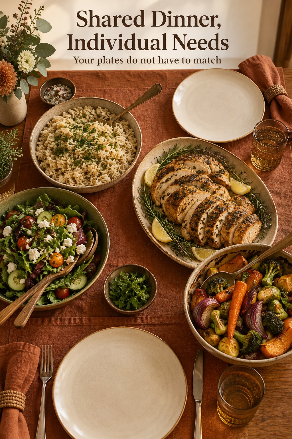 Shared serving dishes of rice, vegetables, and chicken between two place settings.
