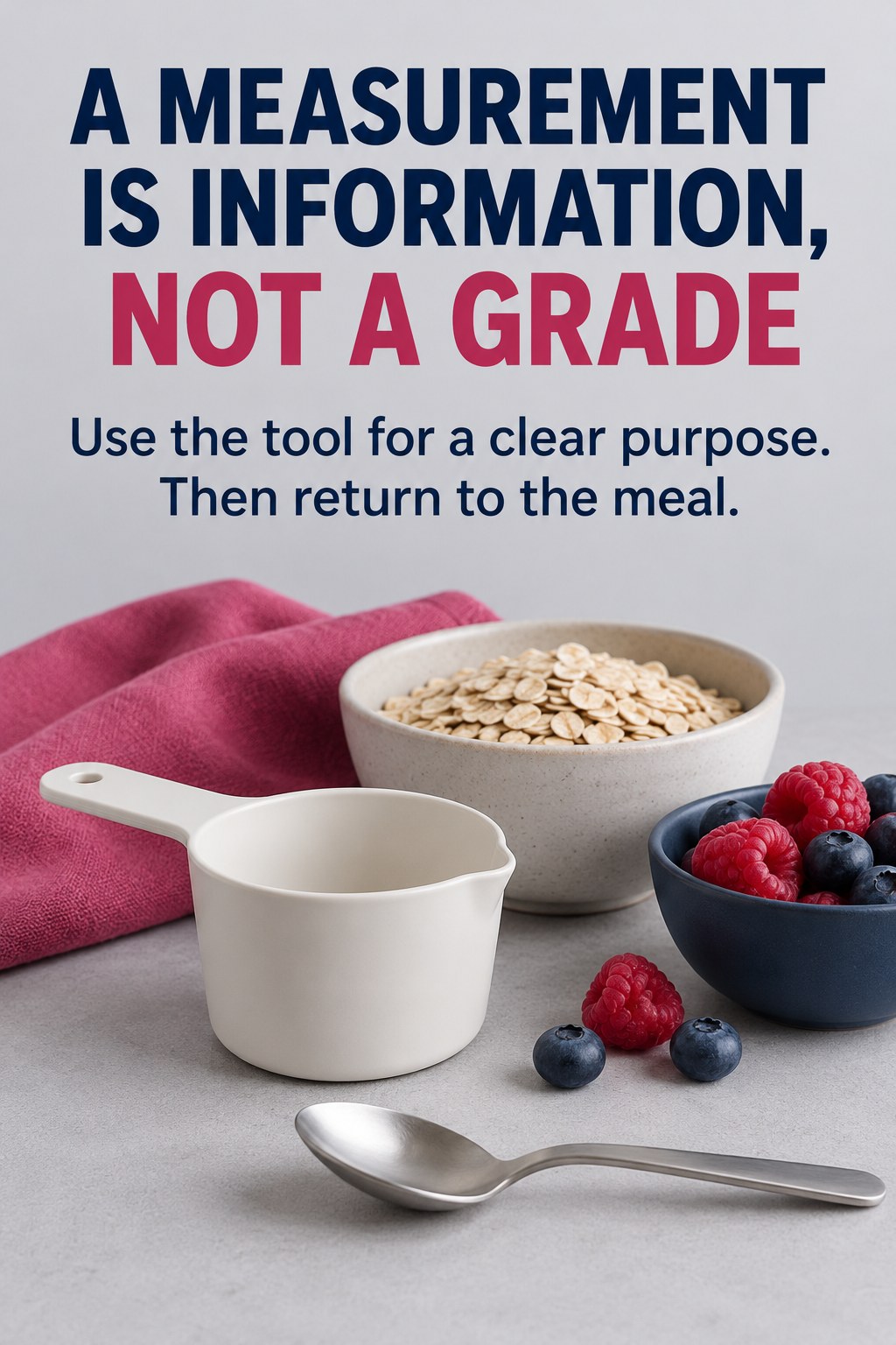 Measuring cup beside oats and a normal breakfast bowl under a reminder that a measurement is information rather than a grade.