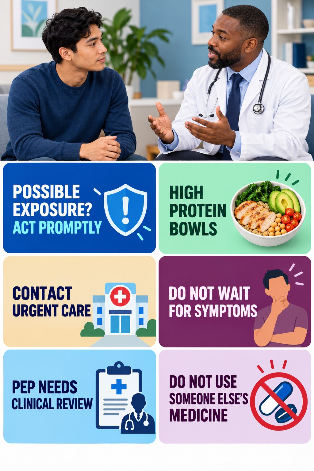 Possible HIV Exposure Needs Prompt Guidance infographic for High Protein Bowls with four concise, non-shaming sexual-health education points.
