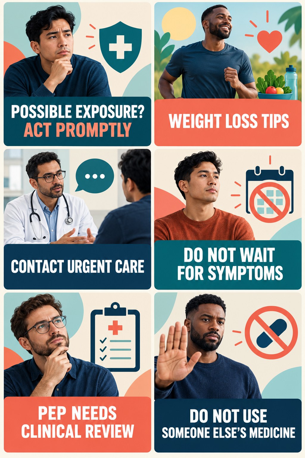 Possible HIV Exposure Needs Prompt Guidance infographic for Weight Loss Tips with four concise, non-shaming sexual-health education points.