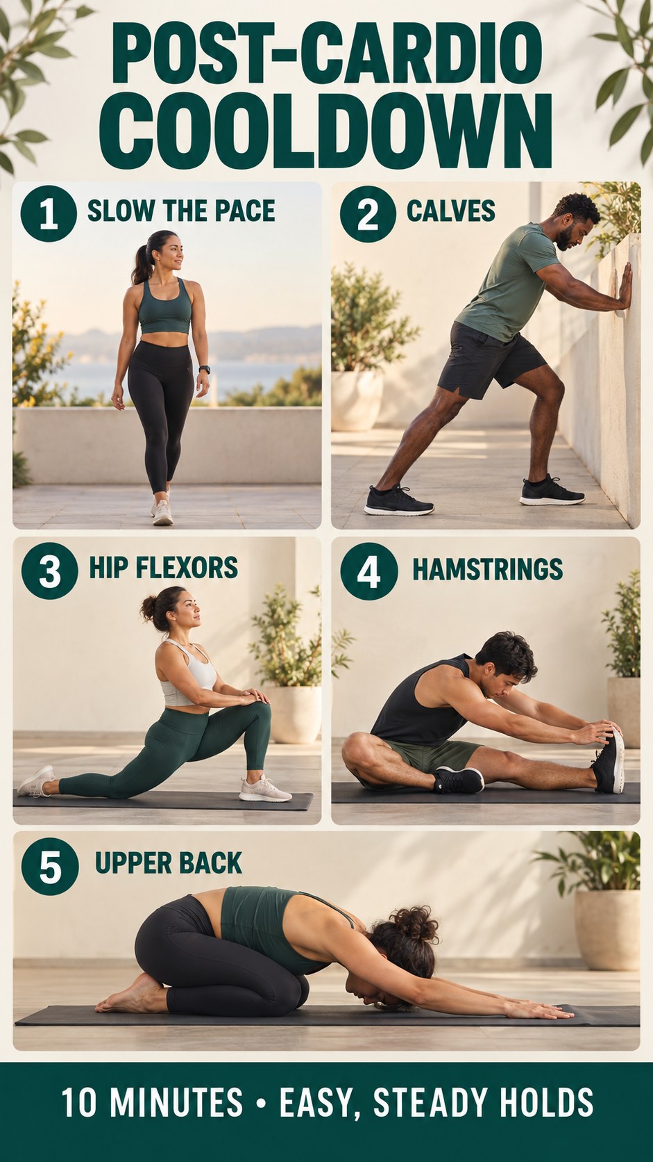 Vertical infographic showing a gentle post-cardio stretching routine for legs and upper back
