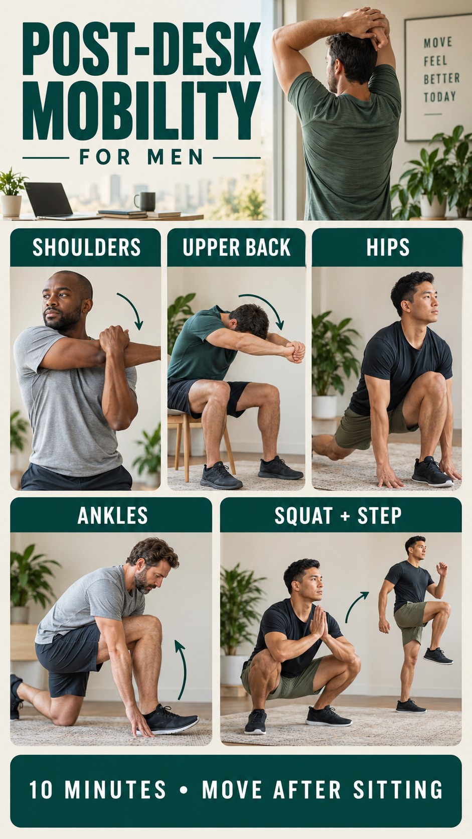 Vertical infographic showing a ten-minute post-desk mobility routine for adult men