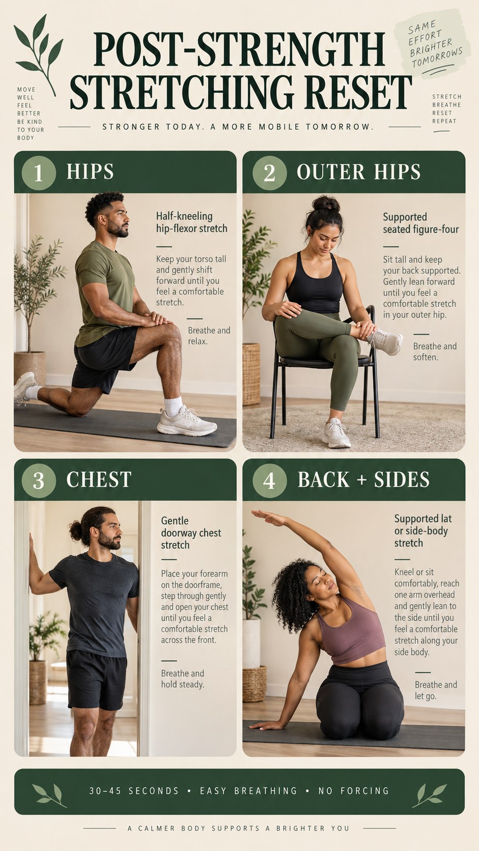 Portrait infographic showing a gentle post-strength cooldown for the hips, chest, back, and sides