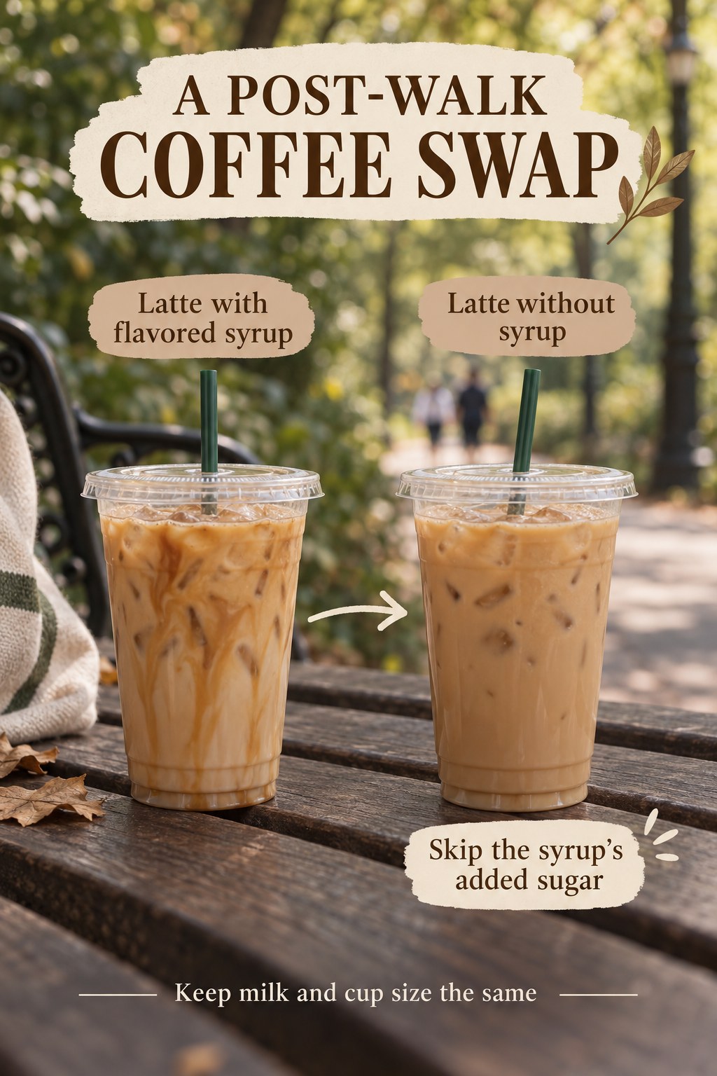 Two iced lattes on a park bench compare flavored syrup with no syrup while keeping milk and cup size the same.