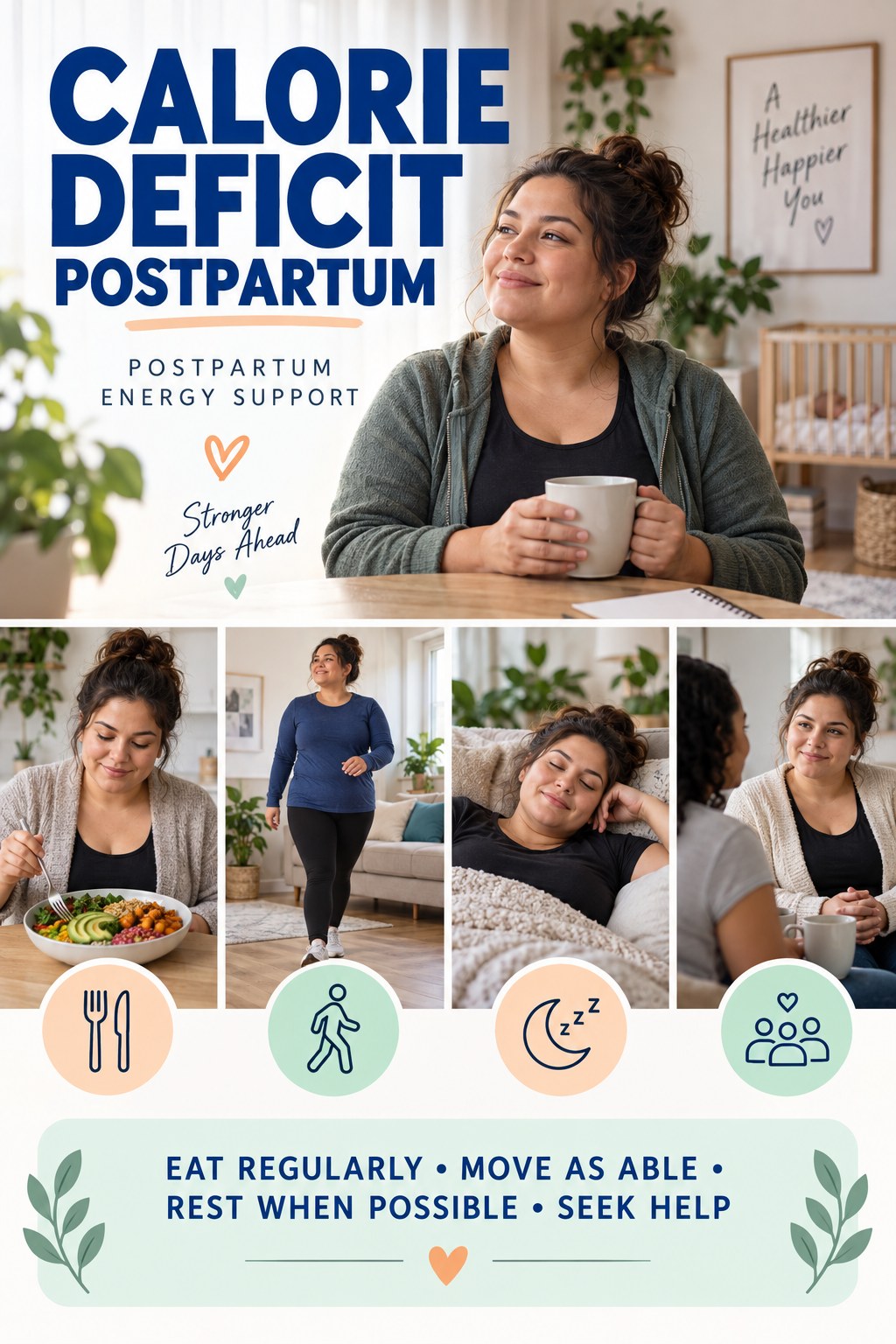 Calorie Deficit postpartum graphic titled Postpartum Energy Support with four gradual recovery-aware prompts.