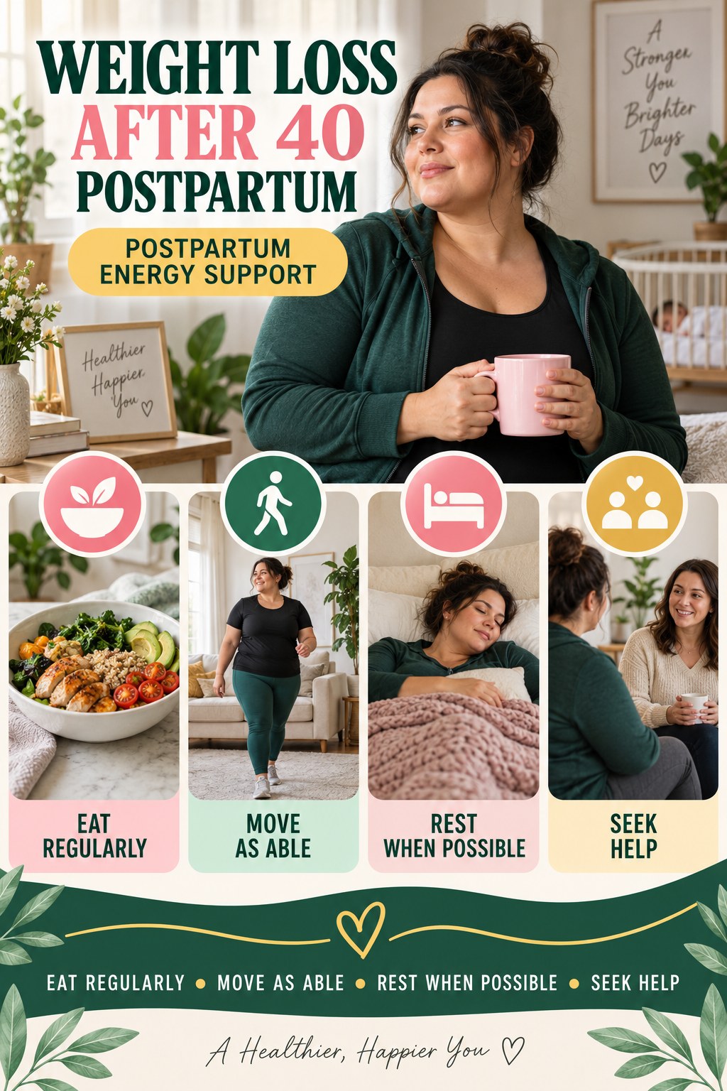 Weight Loss After 40 postpartum graphic titled Postpartum Energy Support with four gradual recovery-aware prompts.