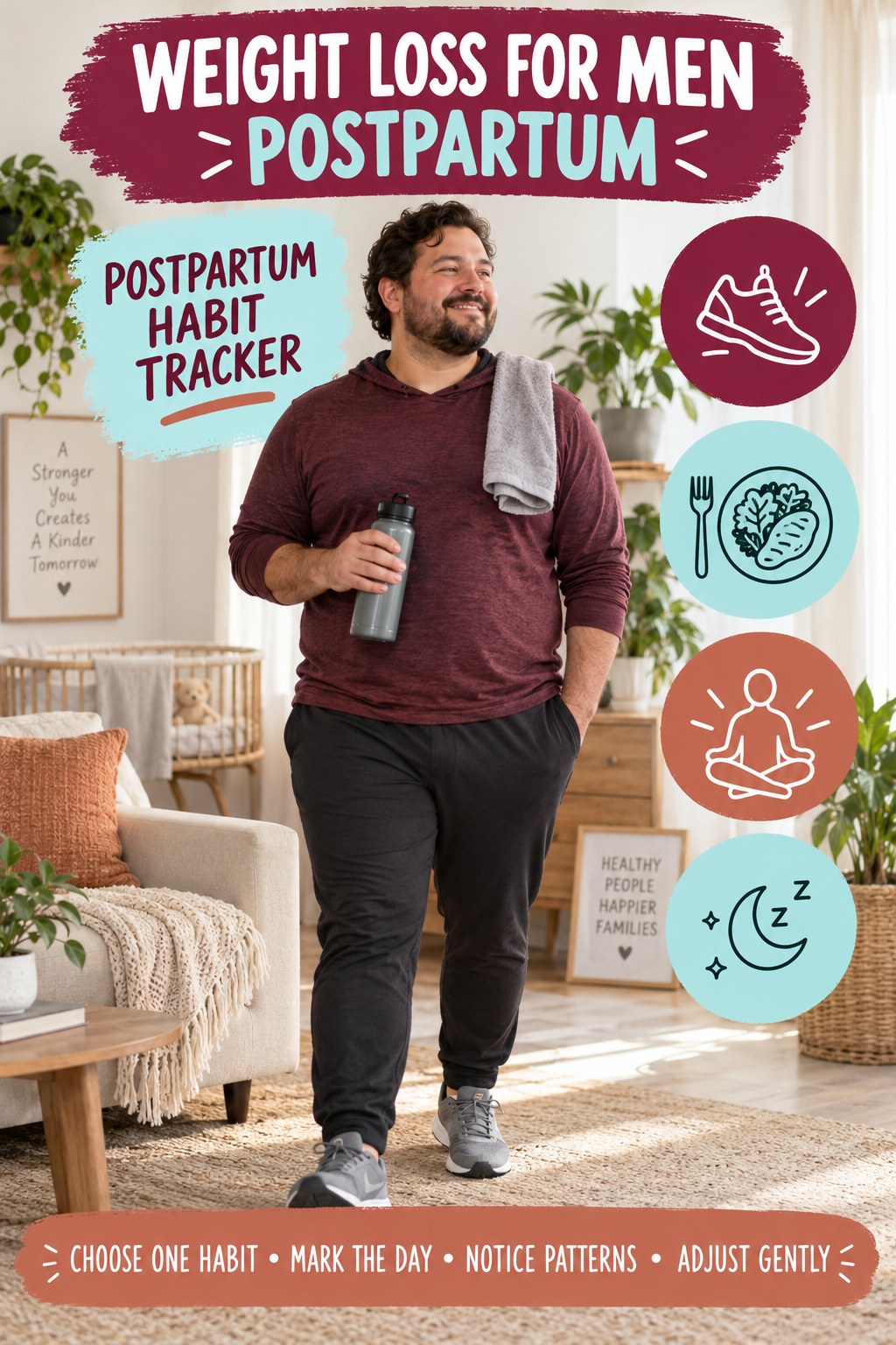 Weight Loss for Men postpartum graphic titled Postpartum Habit Tracker with four gradual recovery-aware prompts.