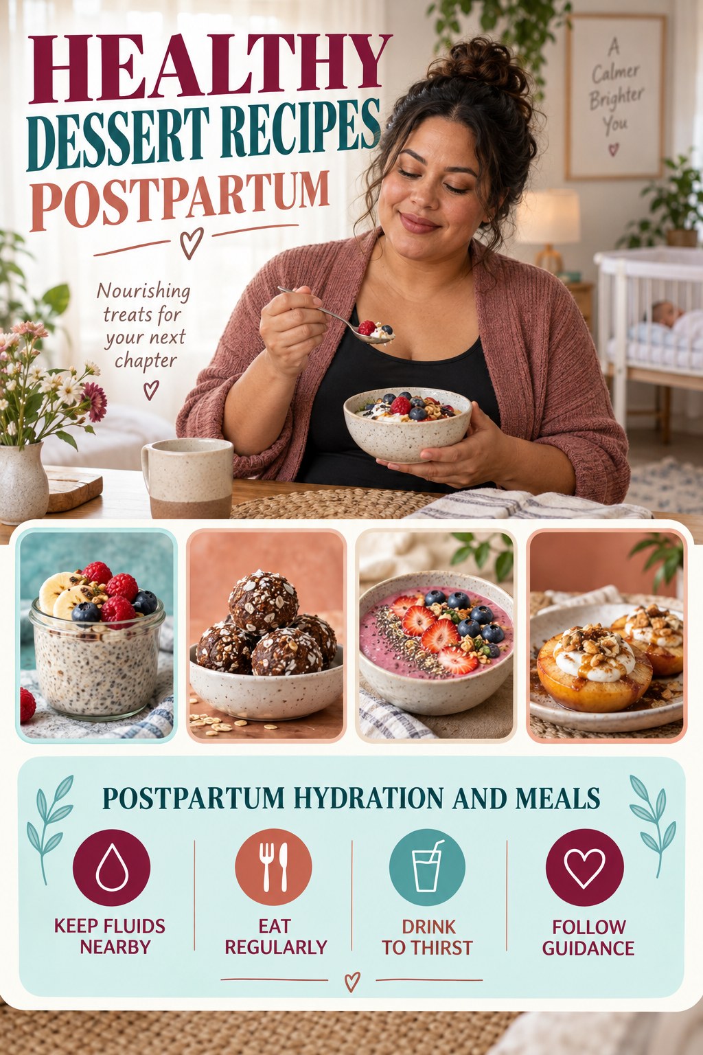 Healthy Dessert Recipes postpartum graphic titled Postpartum Hydration and Meals with four gradual recovery-aware prompts.