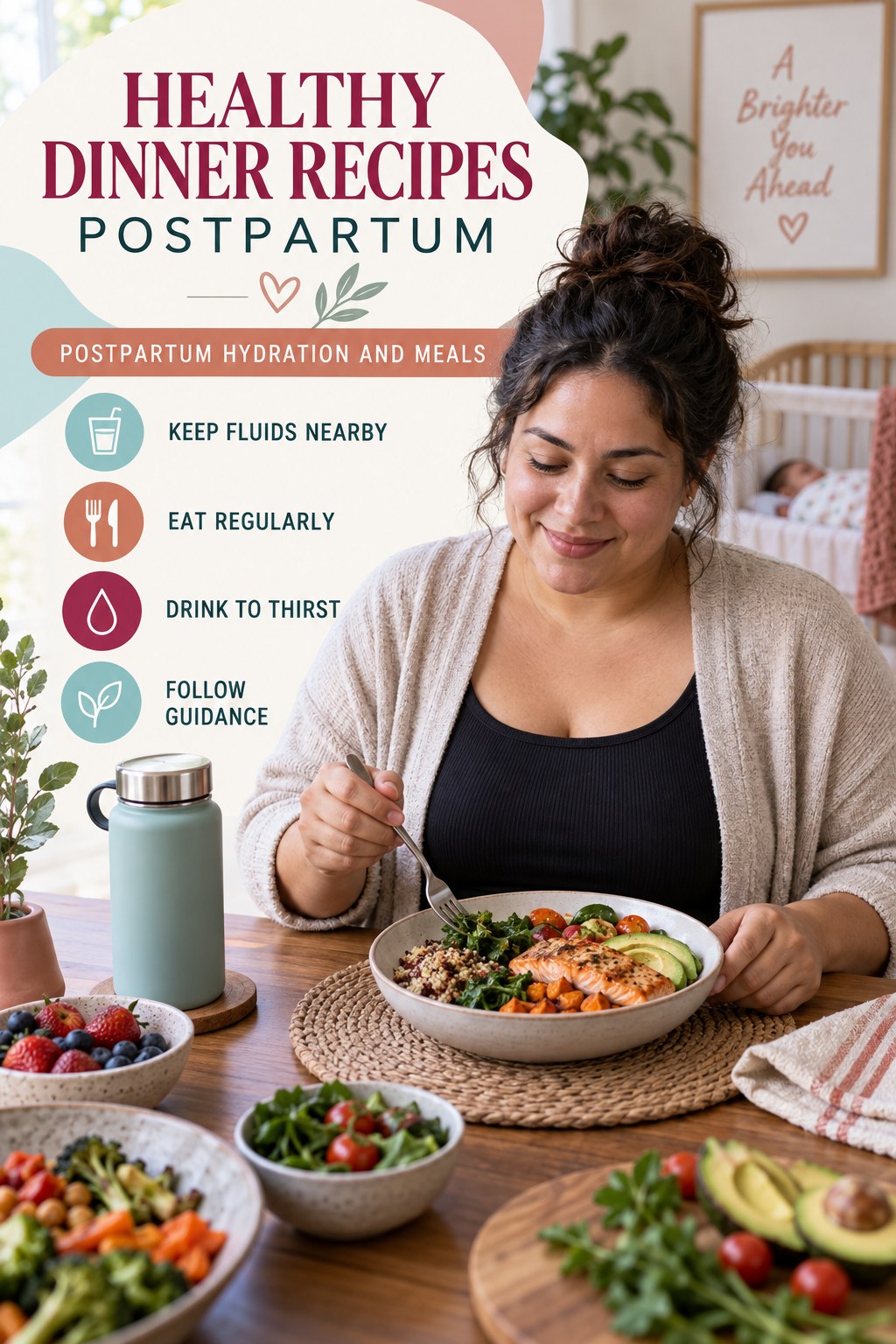Healthy Dinner Recipes postpartum graphic titled Postpartum Hydration and Meals with four gradual recovery-aware prompts.