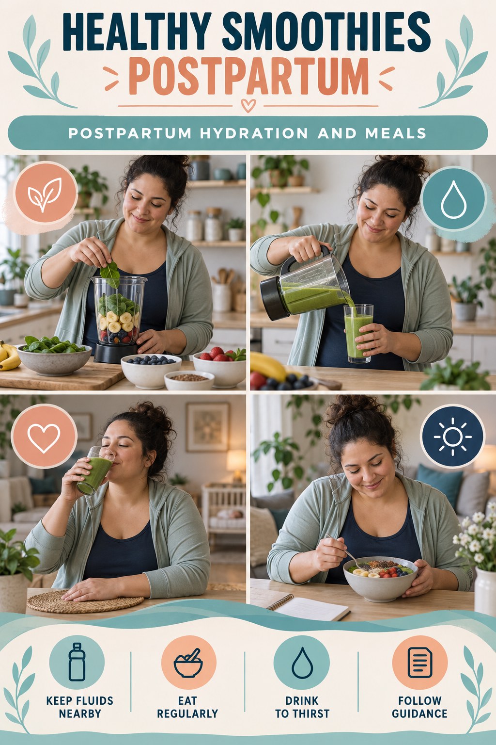 Healthy Smoothies postpartum graphic titled Postpartum Hydration and Meals with four gradual recovery-aware prompts.