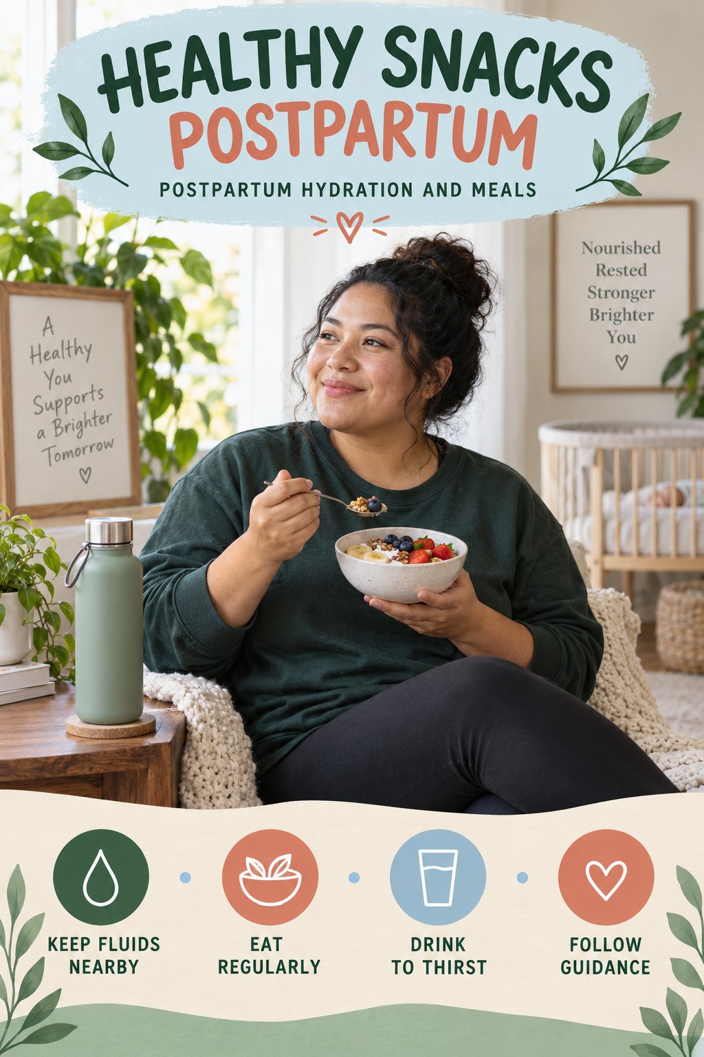 Healthy Snacks postpartum graphic titled Postpartum Hydration and Meals with four gradual recovery-aware prompts.
