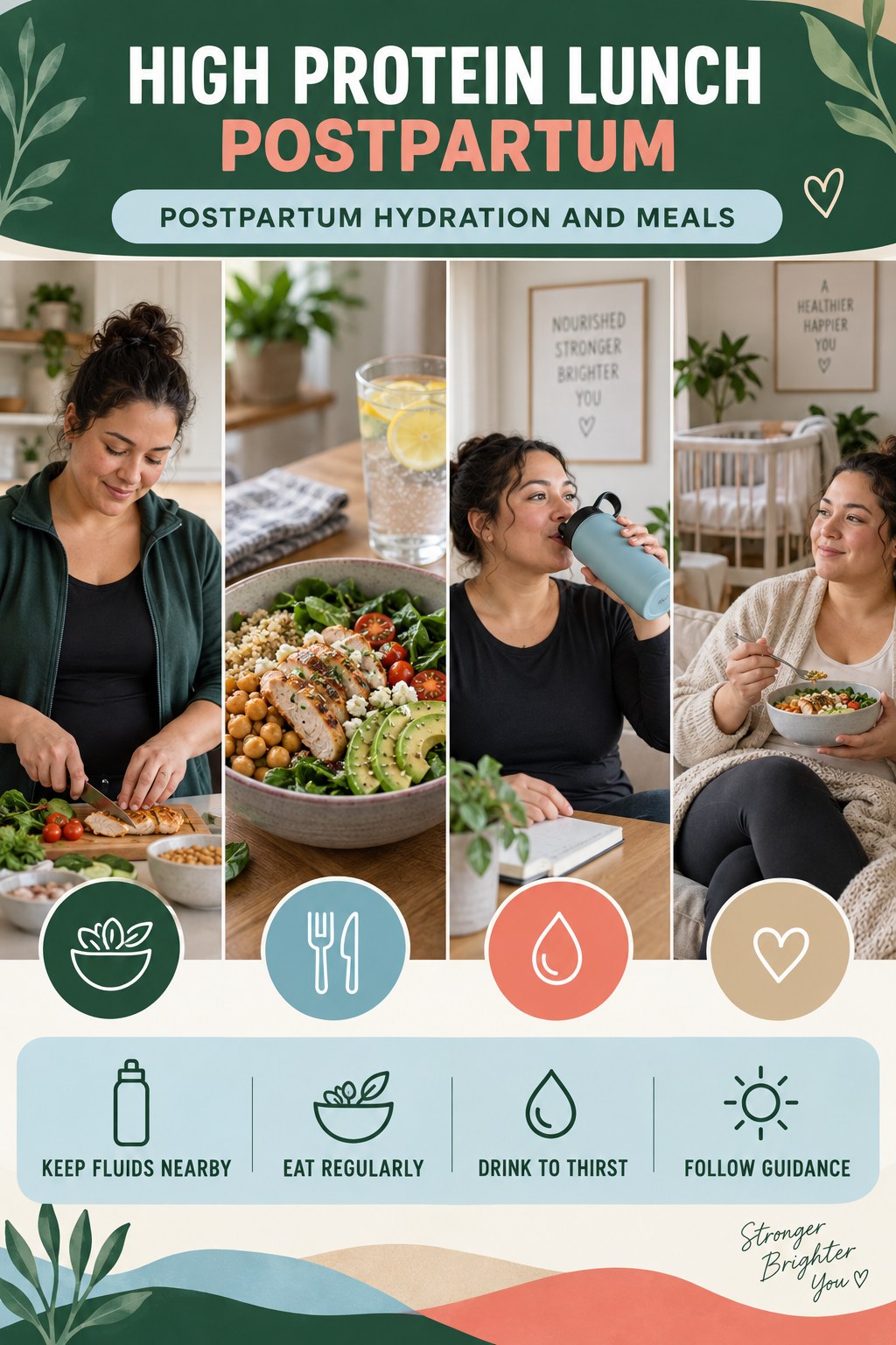 High Protein Lunch postpartum graphic titled Postpartum Hydration and Meals with four gradual recovery-aware prompts.