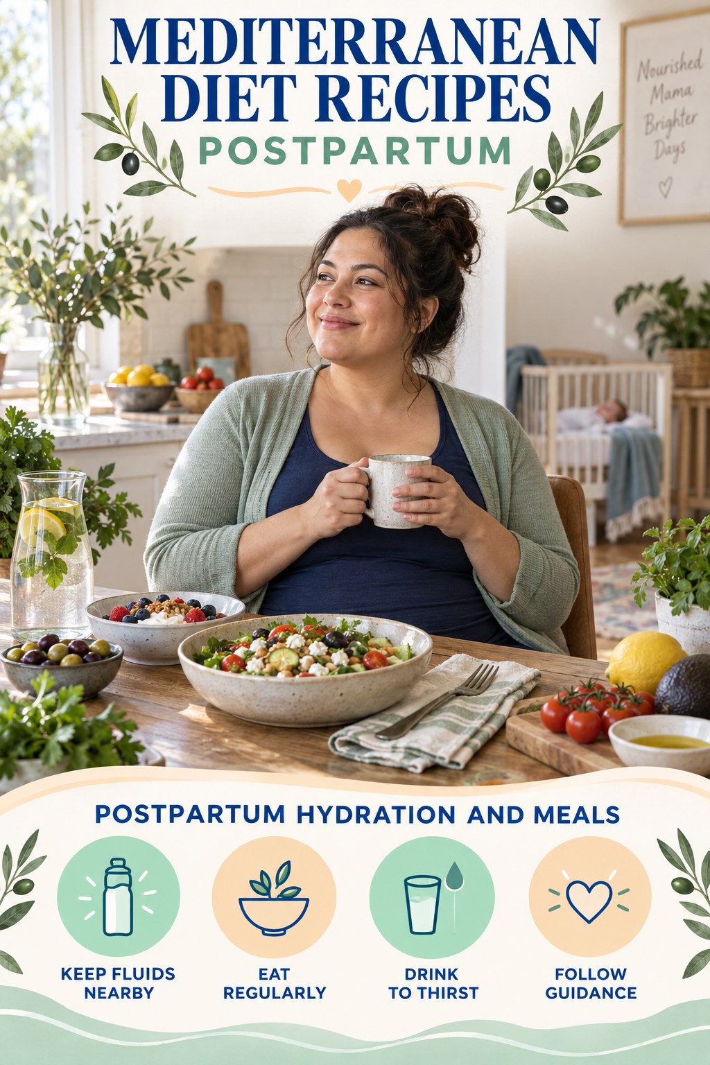 Mediterranean Diet Recipes postpartum graphic titled Postpartum Hydration and Meals with four gradual recovery-aware prompts.