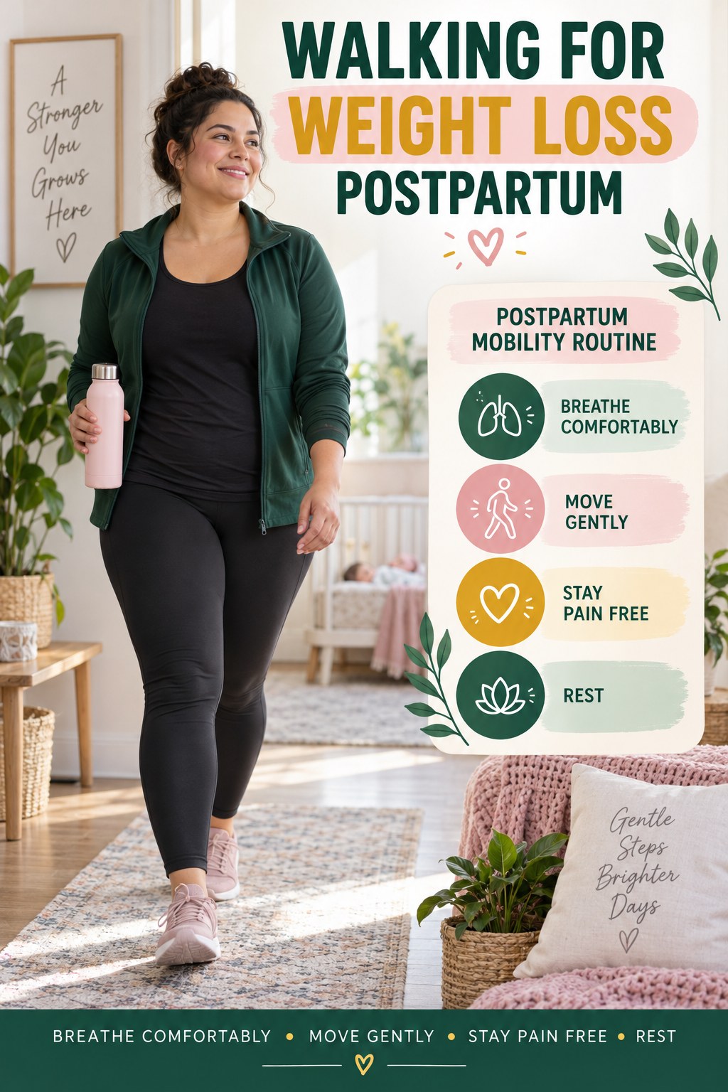 Walking for Weight Loss postpartum graphic titled Postpartum Mobility Routine with four gradual recovery-aware prompts.