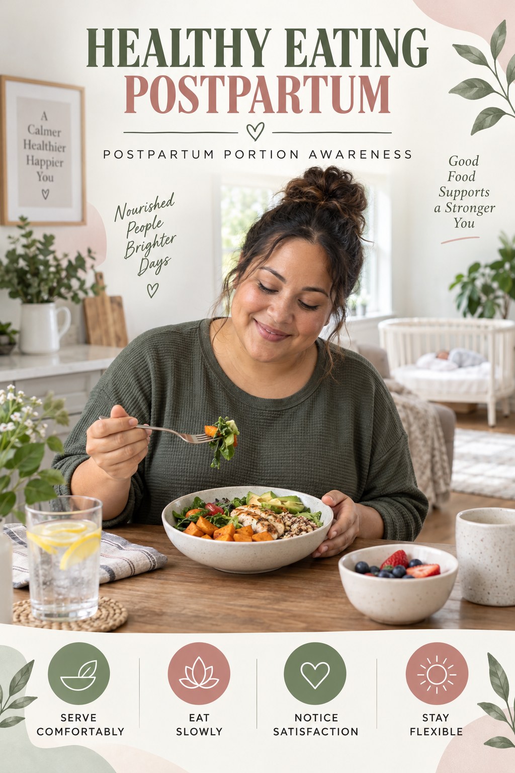 Healthy Eating postpartum graphic titled Postpartum Portion Awareness with four gradual recovery-aware prompts.