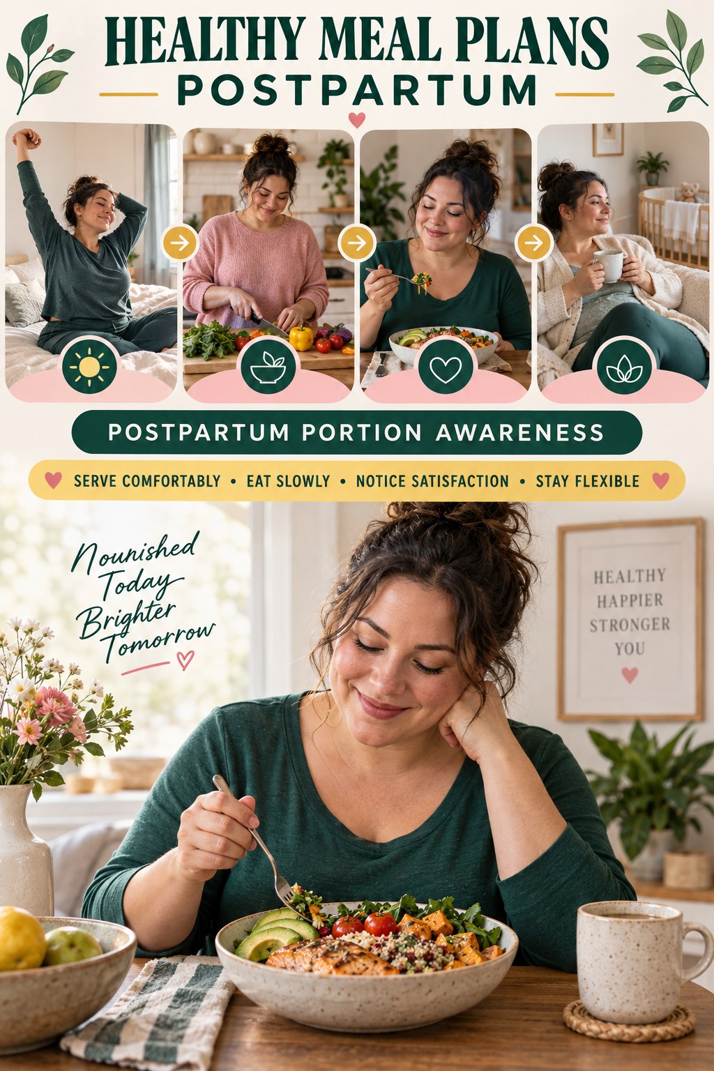 Healthy Meal Plans postpartum graphic titled Postpartum Portion Awareness with four gradual recovery-aware prompts.