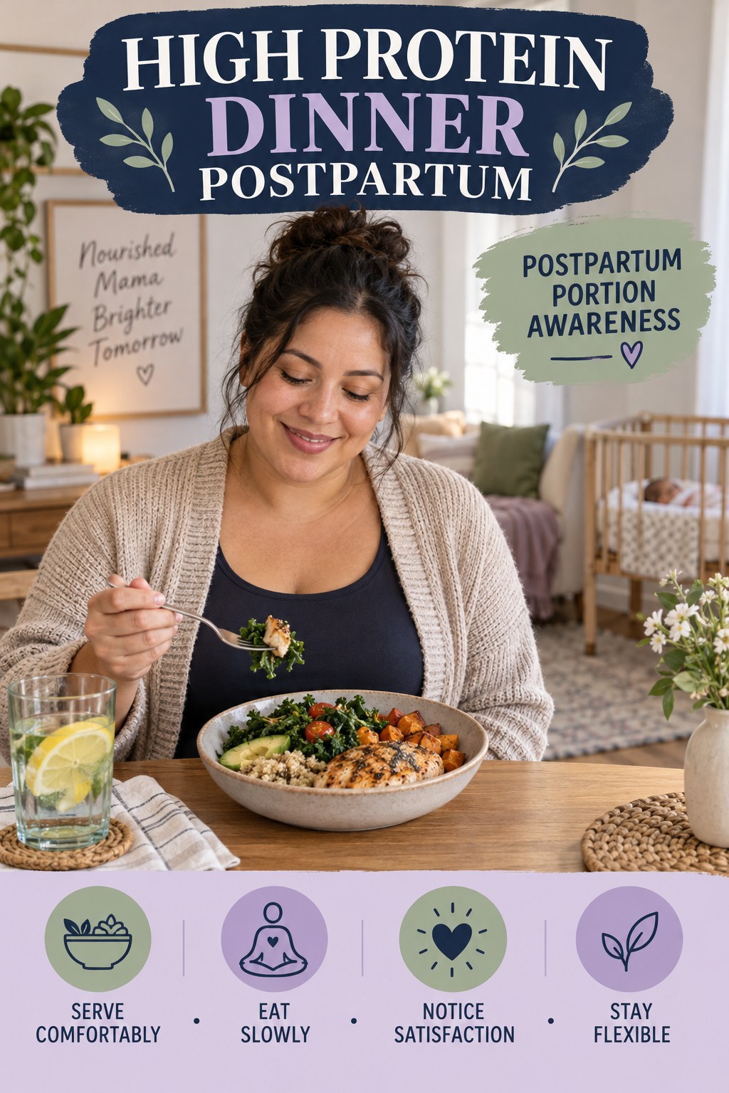 High Protein Dinner postpartum graphic titled Postpartum Portion Awareness with four gradual recovery-aware prompts.